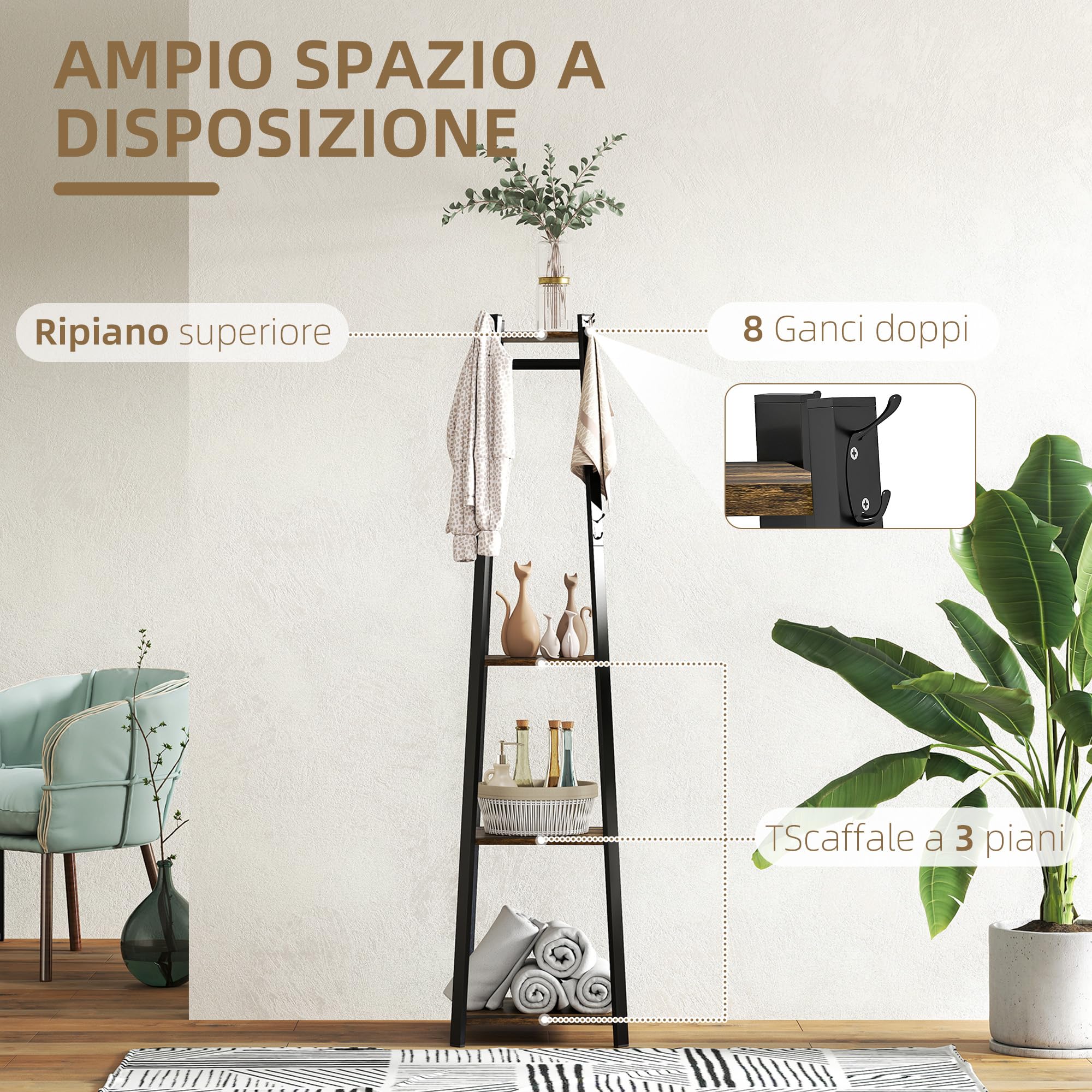 HOMCOM Appendiabiti da Terra con 8 Ganci, 3 Ripiani e Mensola Superiore, Attaccapanni Design a Trapezio per Ingresso, Camera da Letto e Salotto, 42x42x170 cm, Marrone Rustico