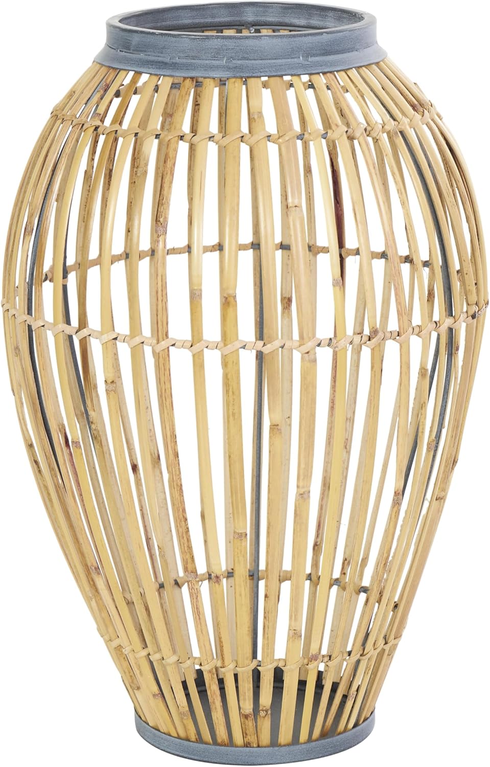 Deco 79 Bamboo Wood Handmade Decorative Vase Open Frame Centerpiece Vase with Blue Metal Accents, Vase for Home Decoration 11" x 11" x 16", Brown