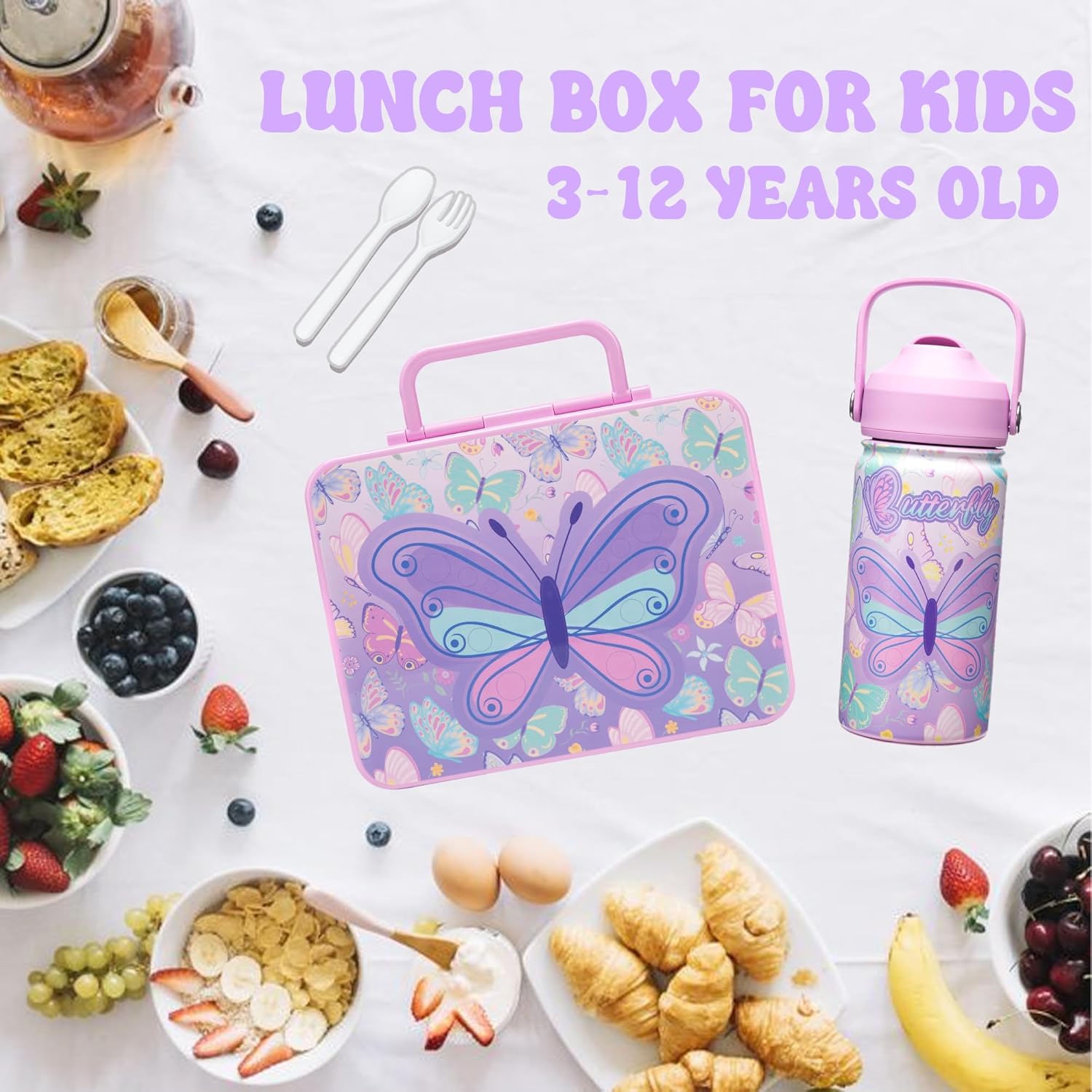 Butterfly Lunch Box for Girls Bento Box for Kids with Lunch Bag,Stainless Steel Water Bottle,Ice Pack Set Birthday Gifts for Ages 3-12 Back to School Toddler Girls - Image 7