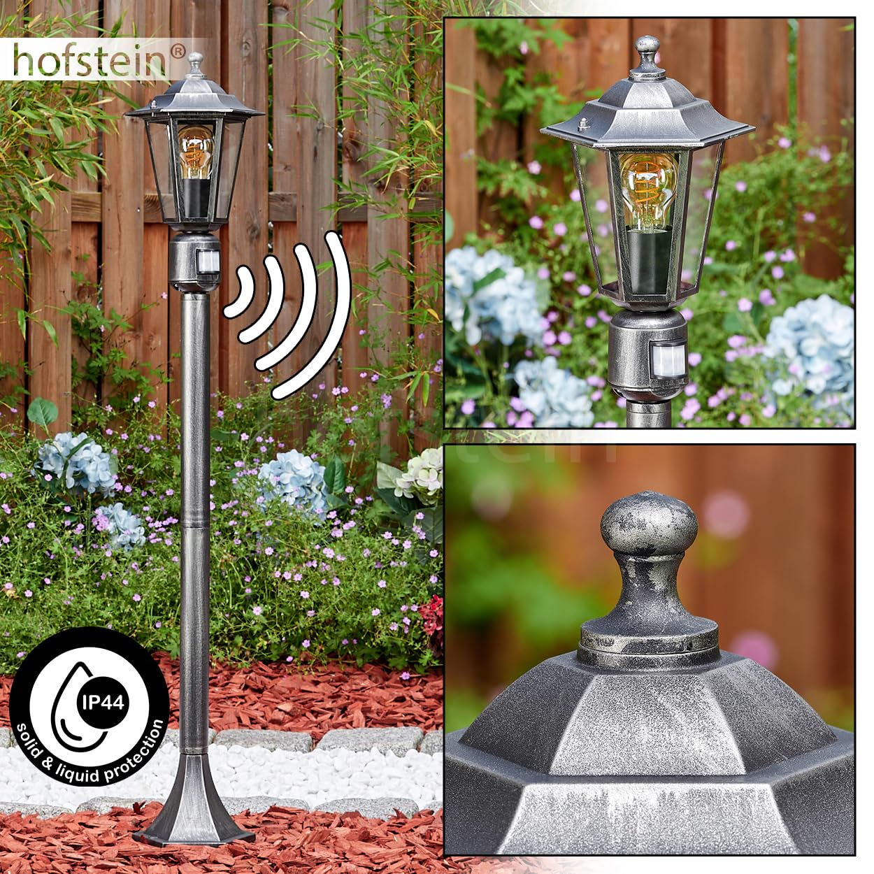 HOFSTEIN Lampa zewnętrzna Loria, lampa drogowa z czujnikiem ruchu z metalu/szkła w kolorze czarno-srebrnym/przezroczystym, lampa zewnętrzna o wyglądzie antycznym, wysokość 107 cm, oświetlenie ogrodowe