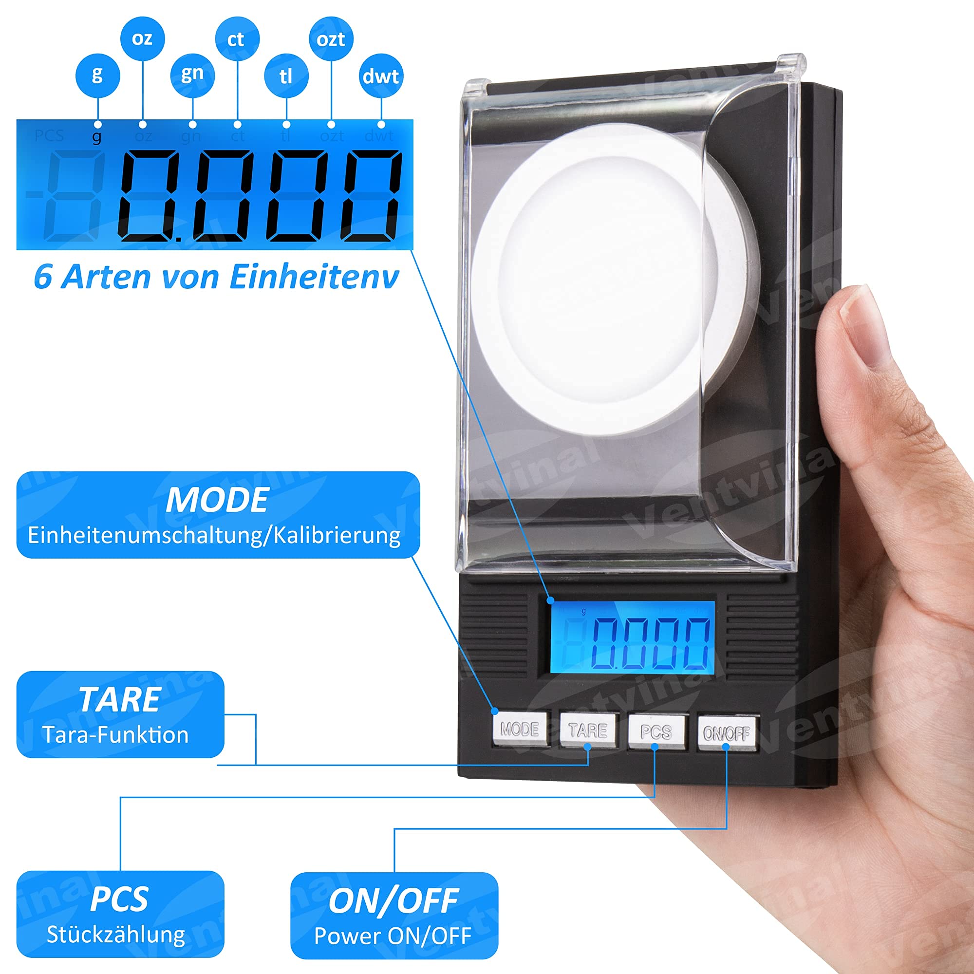 Dokładna waga 0,001 g, 50 g/0,001 g, cyfrowa waga do listów, waga kieszonkowa 50 g, z wyświetlaczem LCD, precyzyjna waga z konwersją 6 jednostek, funkcja tary, funkcja PCS