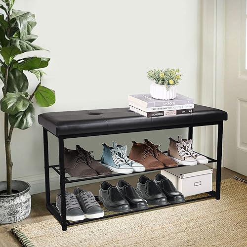 ARDOUR VAN - Banco de zapatos de entrada de 3 niveles negro con asiento acolchado de piel sintética para 8 pares, organizador tapizado de