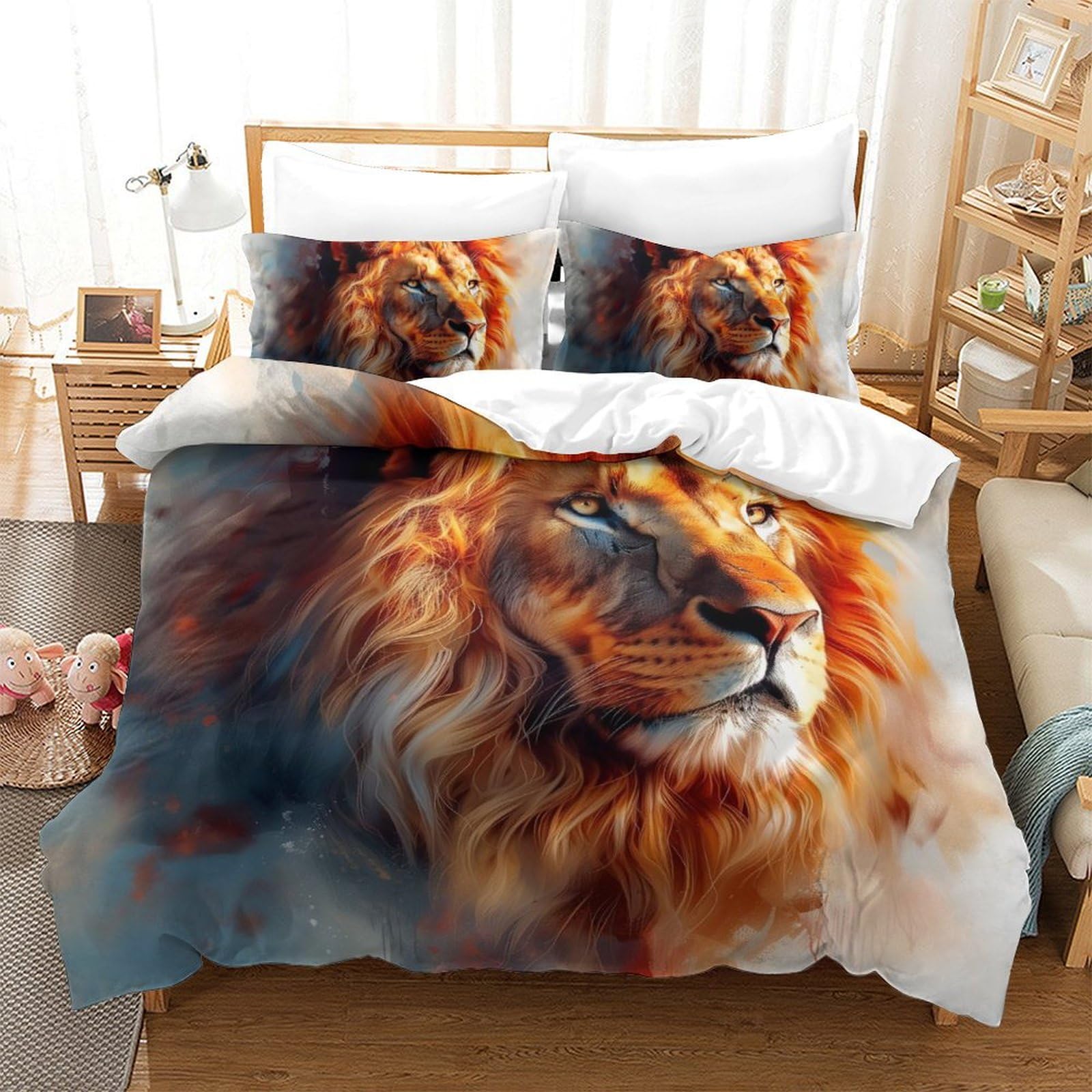 Housse de couette lion respirante en microfibre douce parure 3 pièces lit 200x200