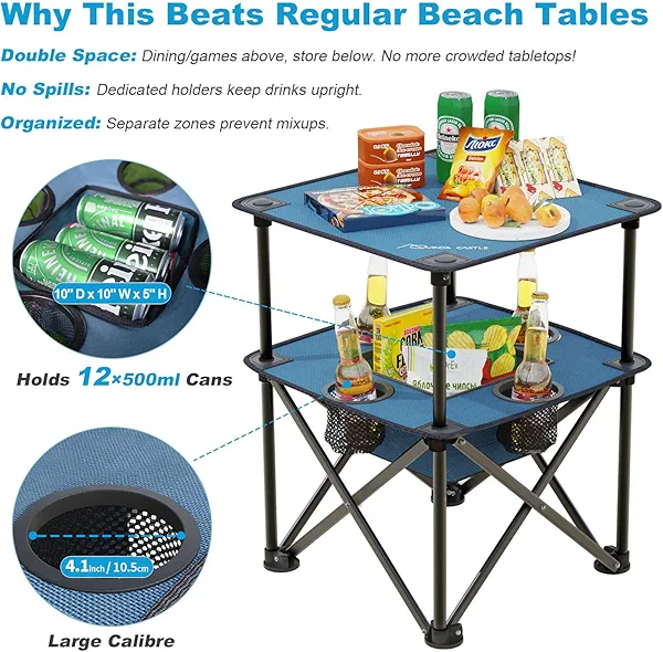 ARMOR CASTLE Folding Camping Table, Portable Outdoor Picnic Table, Lightweight Square Camp Table with Built-in 4 Cup Holders Food Basket and Travel Bag for Barbeque Beach Camping and Tailgate Blue