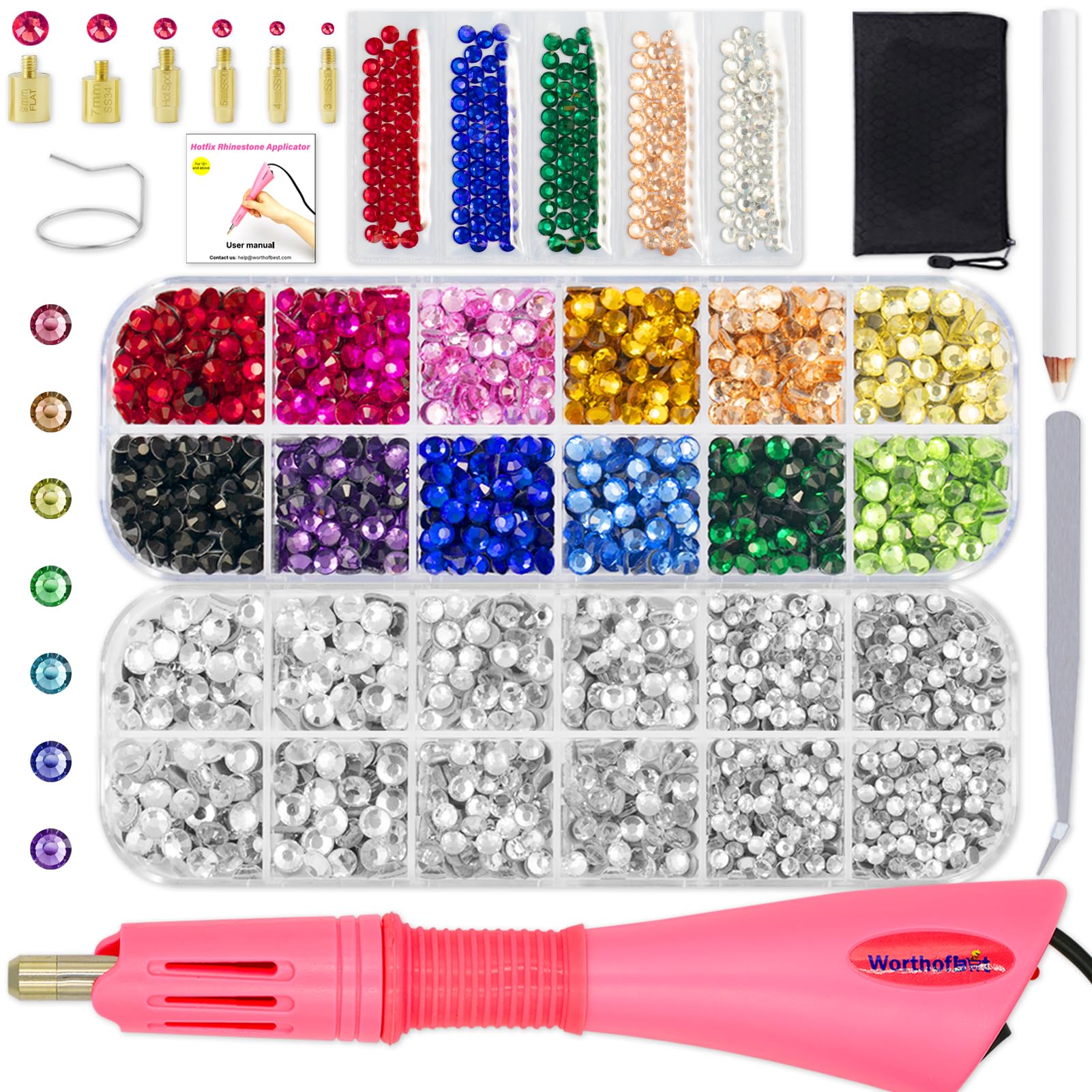 Hotfix Rhinestone Applicator Tool, Bedazzle Kit with Rhinestones, 30ss/20ss/16ss Hot Fix Wand Crystal Setter Kit, 15 Colors, 4 Tips, Manual, Tweezers, Jewel Picker, Stand, Brush, Tray, Zip Bag-image-18
