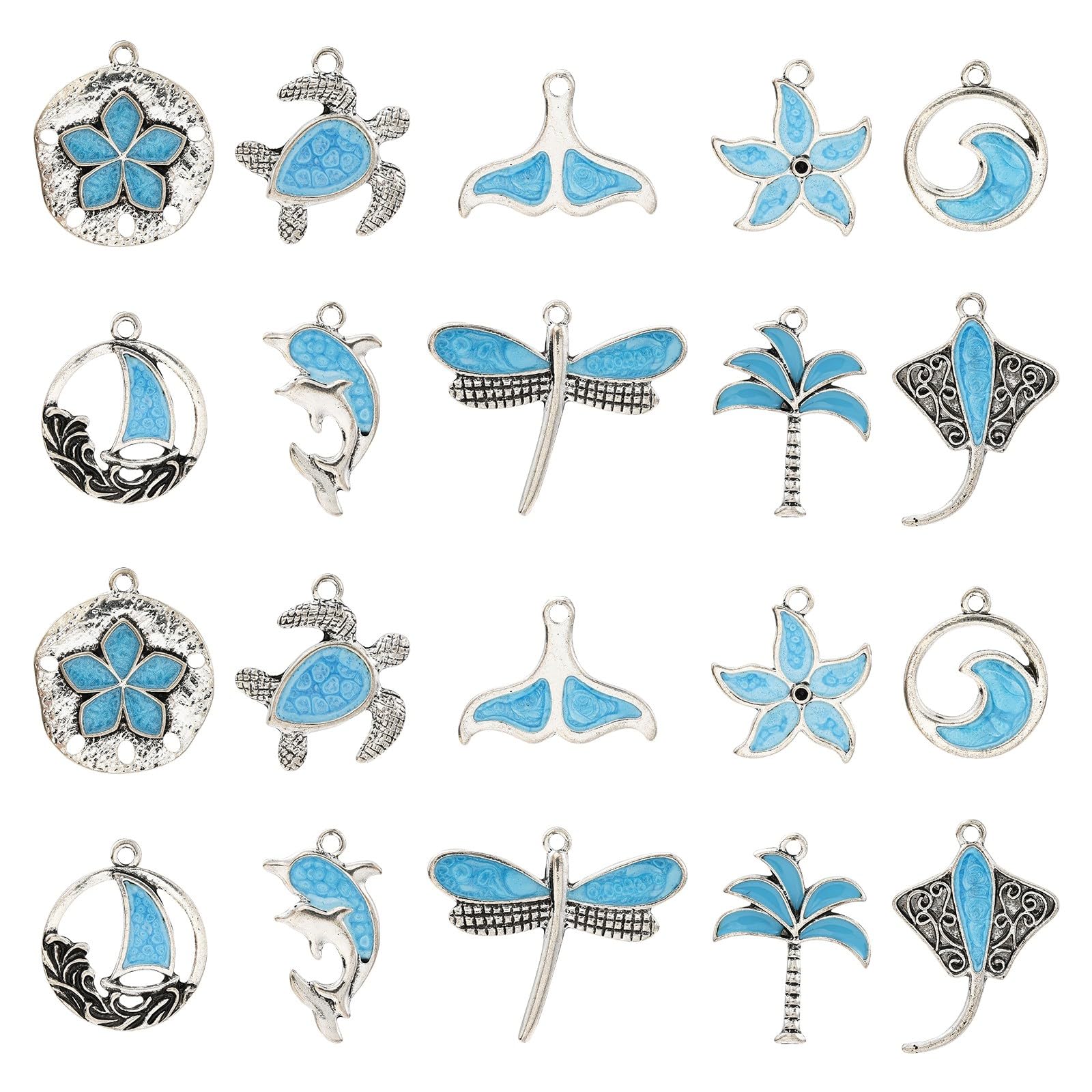 Stiesy 20Pcs 10 Styles Enamel Sea Animal Charms Pendants Blue Turtle Starfish Charm Tibetan Silver Sailboat Dangle Charms for Bracelet Jewellery Making Crafting