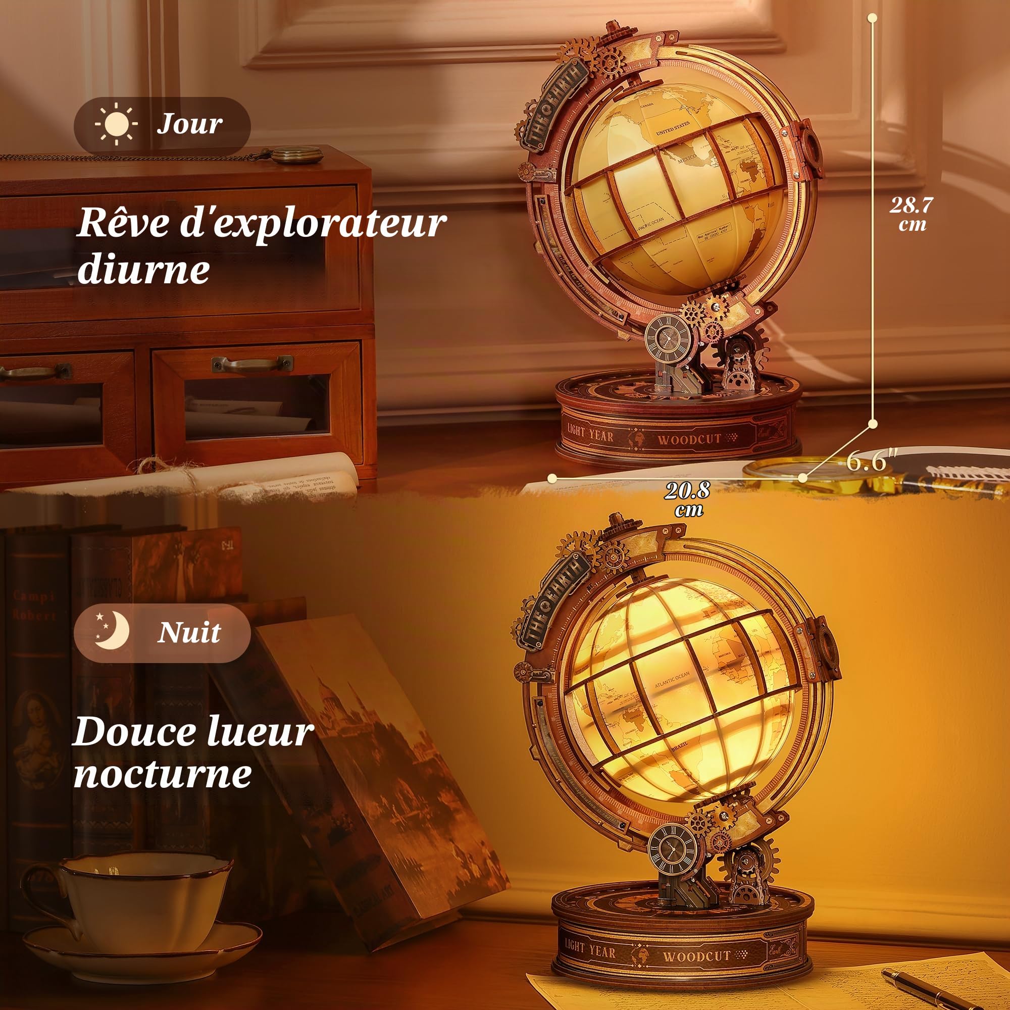 FUNPOLA Puzzle 3D en Bois Globe Star Orbit avec lumières LED – Modèle de Globe Rotatif DIY avec Lumière Chaude, décoration de Bureau Style Steampunk, Cadeau créatif pour Adultes et Adolescents (14+)