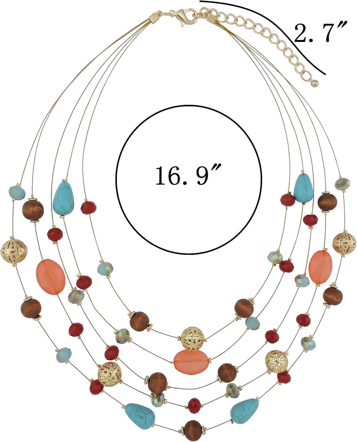 Coiris 5Layer Multi Color Beaded Illusion Wire Collar Statement Necklace with Earrings for Women - Image 5