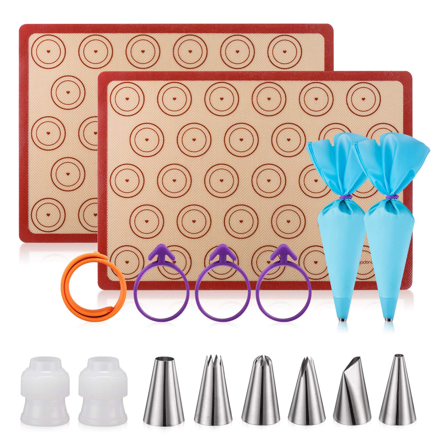 Silicone Baking Mat Macaron Mat Kit(16pcs Set) Macaroon Baking Mat Set of 2 Half Sheet Macaron Silicone Mat Nonstick Macaron Mat Sheet,6 Piping Tip,2 Piping Bag with 2 Bag Tie,1 Coupler (11.6"x16.5")