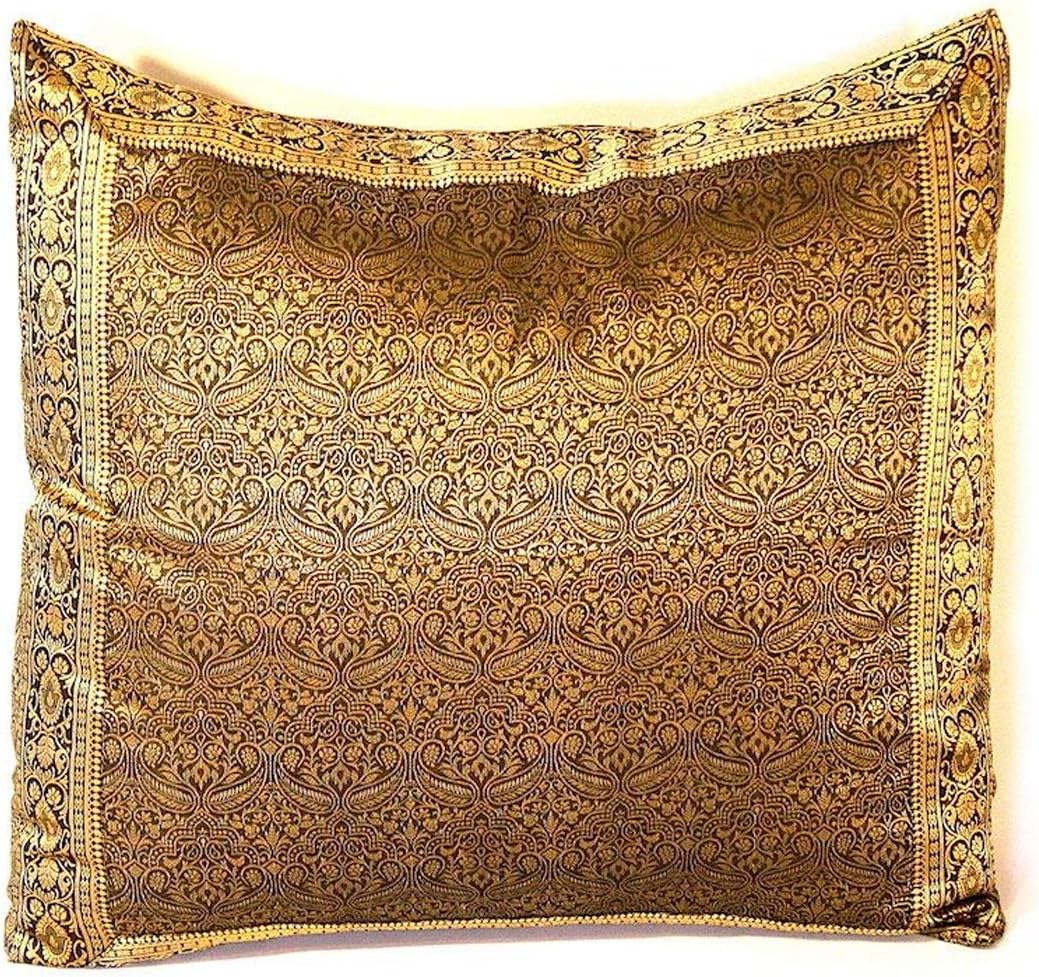 Gold and Black Indian Pillow Cover, hand stitched from Original Sari Fabric with Intricate Embroidered borders. Produced in Rajasthan, India and Imported into the USA. (Black, 24x24")