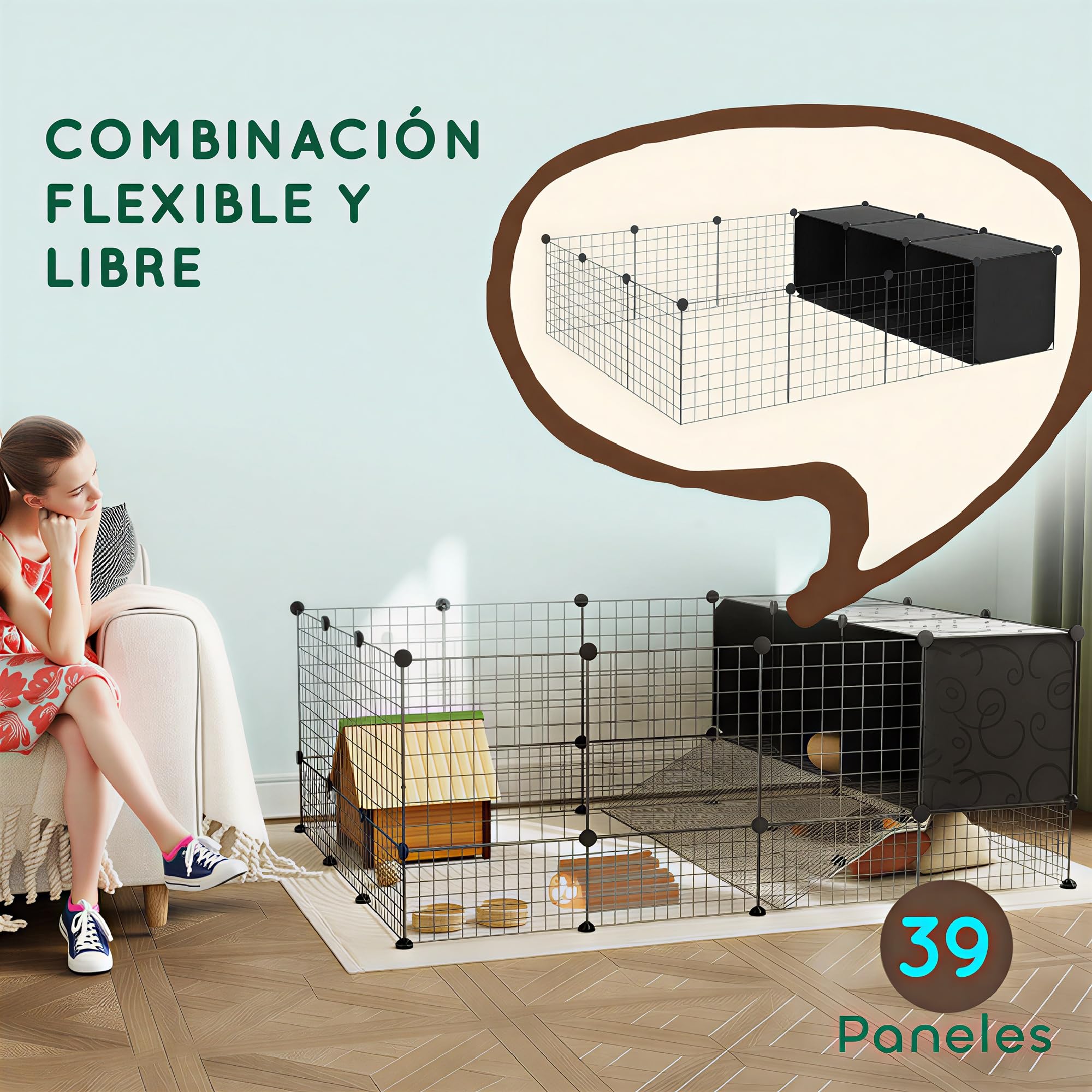 PawHut Valla para Mascotas de Bricolaje con 39 Paneles y 3 Nidos Parque para Conejos Recinto para Conejos para Cobayas, Conejos y Erizos Negro
