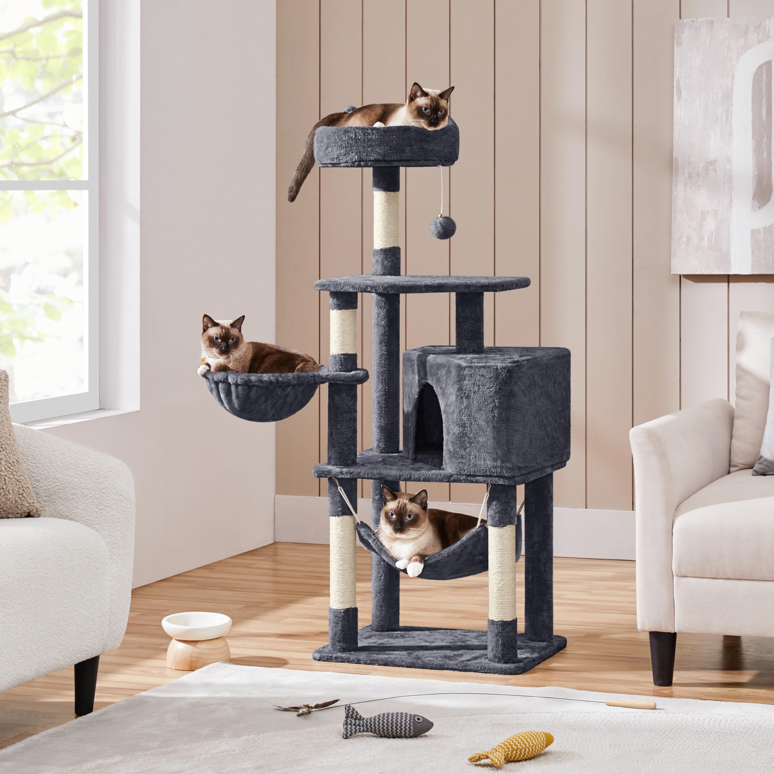 Yaheetech 54.5in Cat Tree, Multi-Level Cat Tree Tower, w/Full Surrounding Top Perch, Cozy Hammock, Large Condo, Sisal Scratching Posts, Fuzzy Ball, Stable Cat Playground for Indoor Cats, Dark Gray