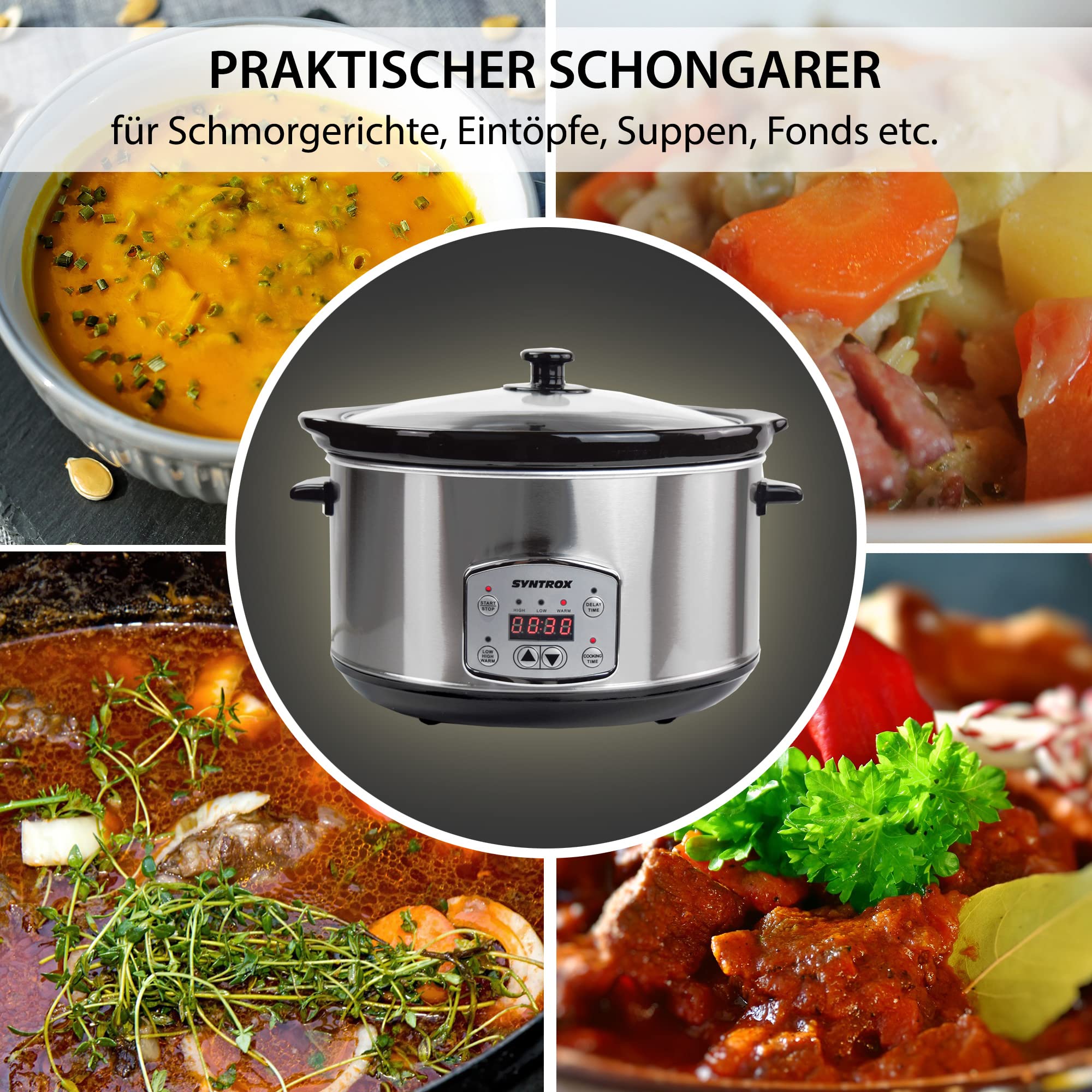 Syntrox Germany Schongarer mit 4,5L Slow Cooker mit 3 Heizstufen und Warmhaltefunktion und 200 Watt