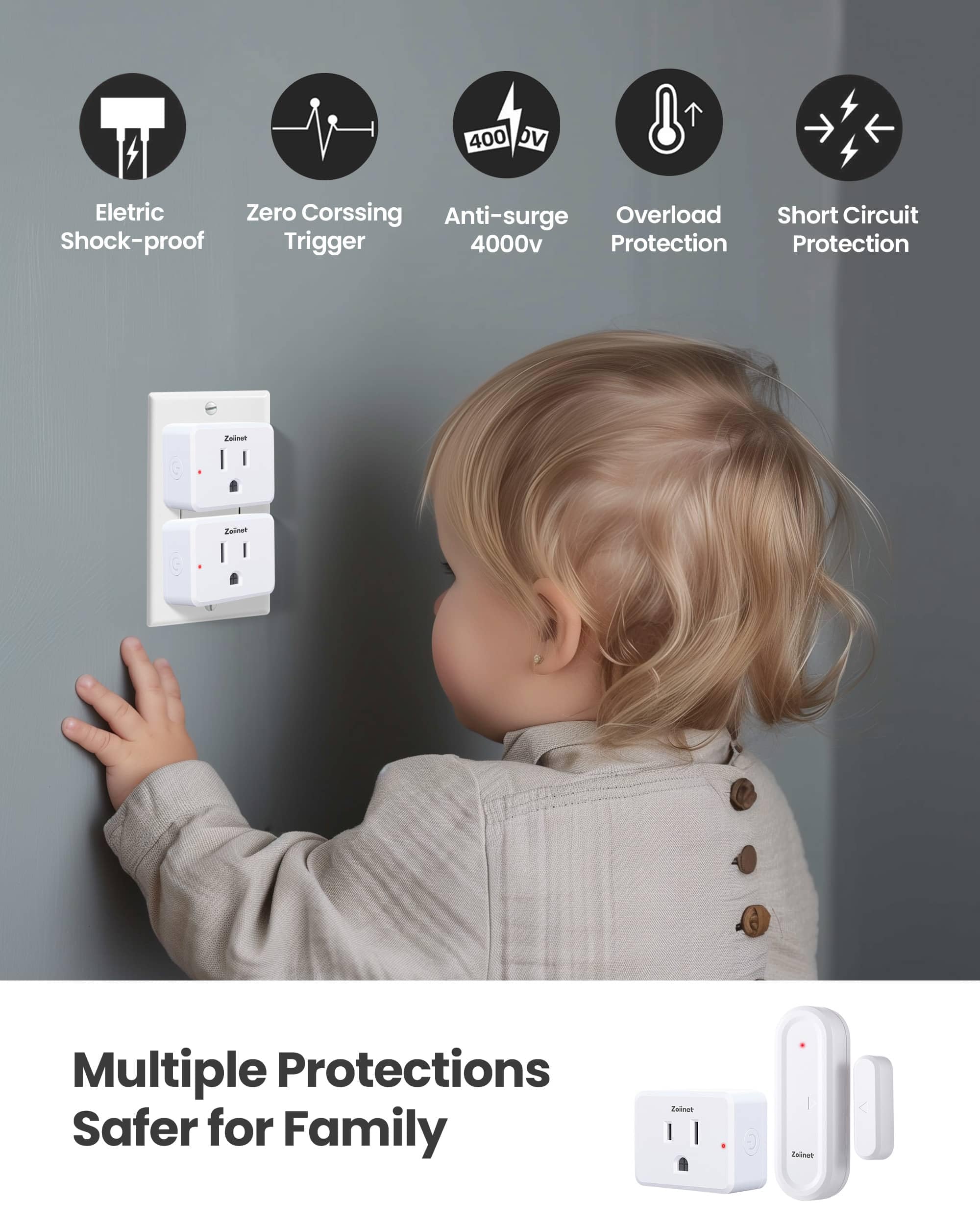 Zoiinet Kabelloses Türsensor-Steckdosensor-Set, Mini-Kontakt-Fenstersensor, unbegrenzte Gruppensteuergeräte, keine Verkabelung, kein WLAN, 15 Fuß, 15 A/1500 W, programmierbar, für