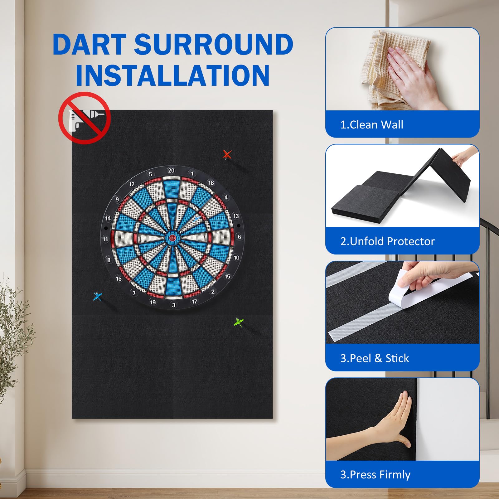 Filz Dart Wandschutz, Wandschutz Dartscheibe, Selbstklebender Dart Surround 60x90x1.2cm, Dartscheibe Schutzring, Schallschutz Dartscheibes, Bohrfrei für Heim und Bar