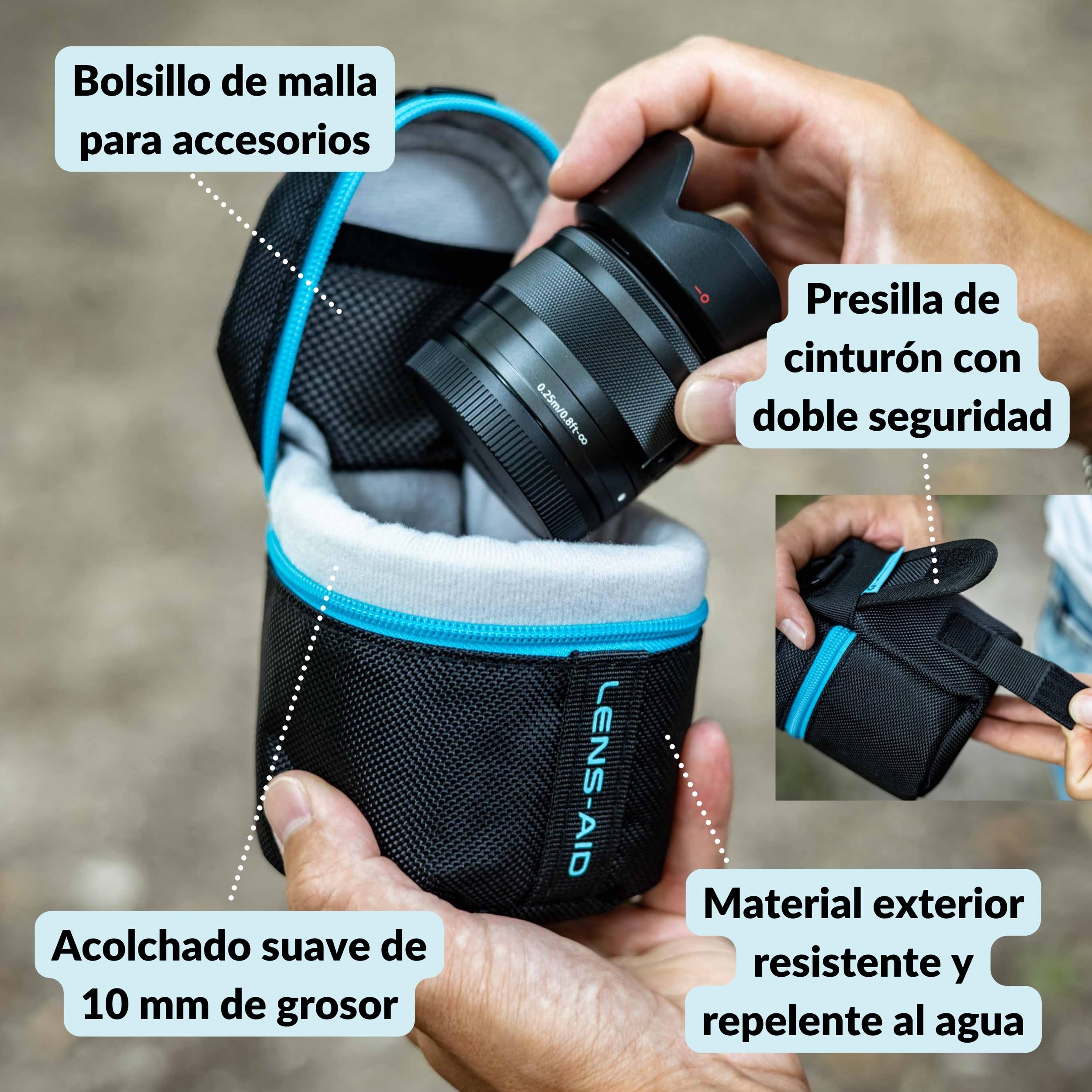 Bolsa para lentes LENS-AID con acolchado grueso: estuche para lentes con cremallera y hebilla de cinturón, negro, L (10 x 18 cm)