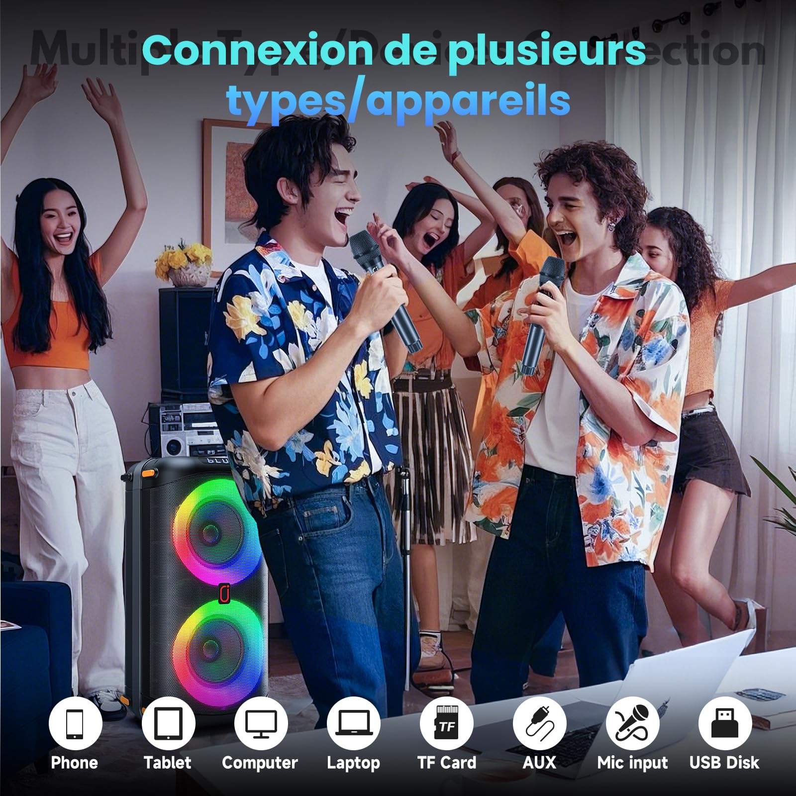 HWWR Enceinte Karaoke 2 Micro sans Fil, Puissance Max 300W Karaoké Professionnel, 10000mAh Portable Bluetooth 5.3 avec LED Haut-Parleur Amplifié Portable Système Karaoké Soutien