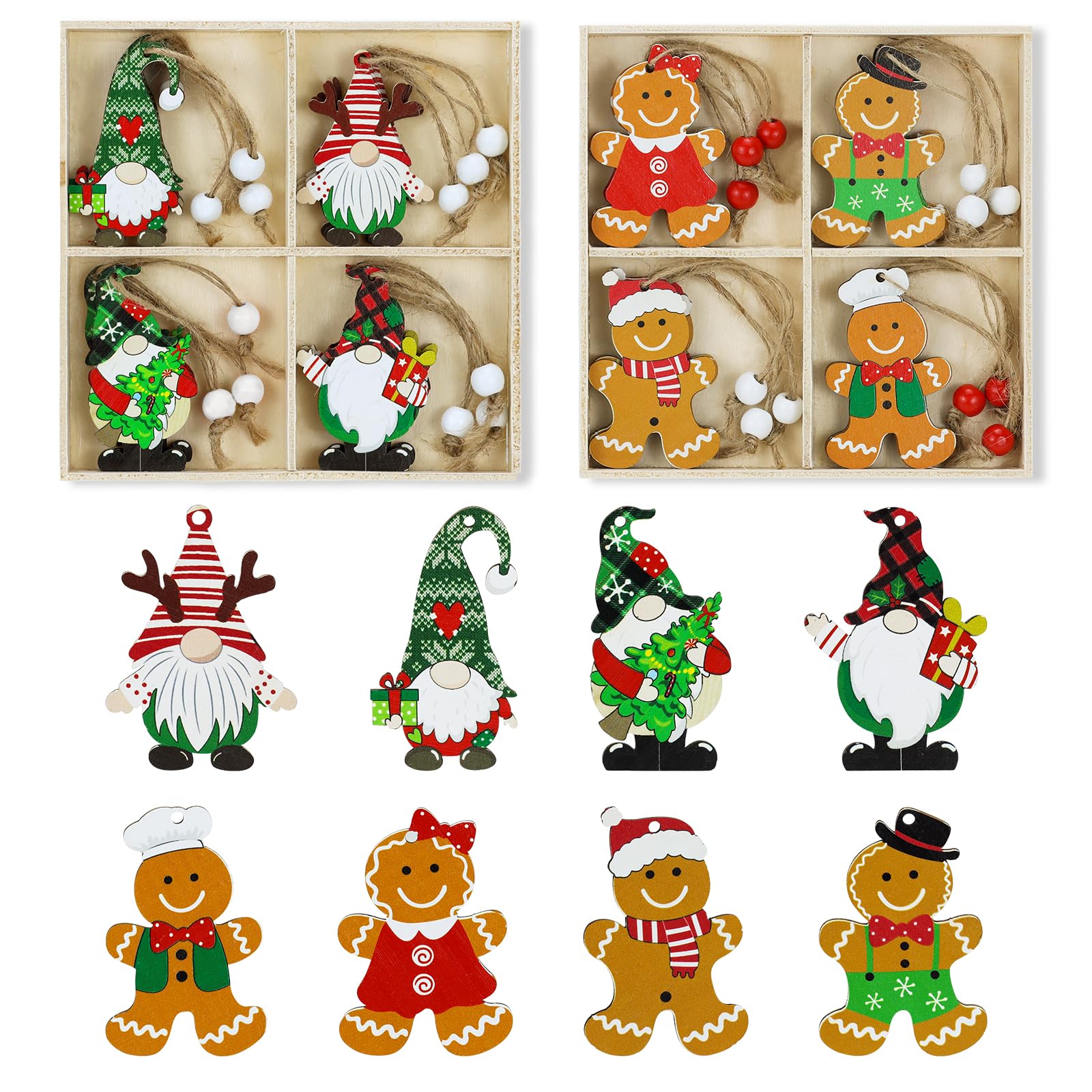 Feelhap 24 Piezas Adornos para Árboles de Navidad, Colgantes de Madera de Navidad Adornos Madera Navidad,Colgantes de Madera para Navidad Decoracion con Hilos de Algodón y Cajas de Madera