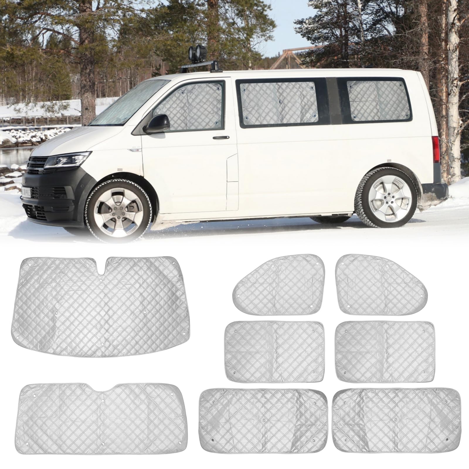 Sonnenschutz Frontscheibe VW T5 T6, 8 Stück Thermomatten Wohnmobil | Auto Frontscheibenabdeckung Aluminium Blockiert UV Strahlen Windschutzscheiben