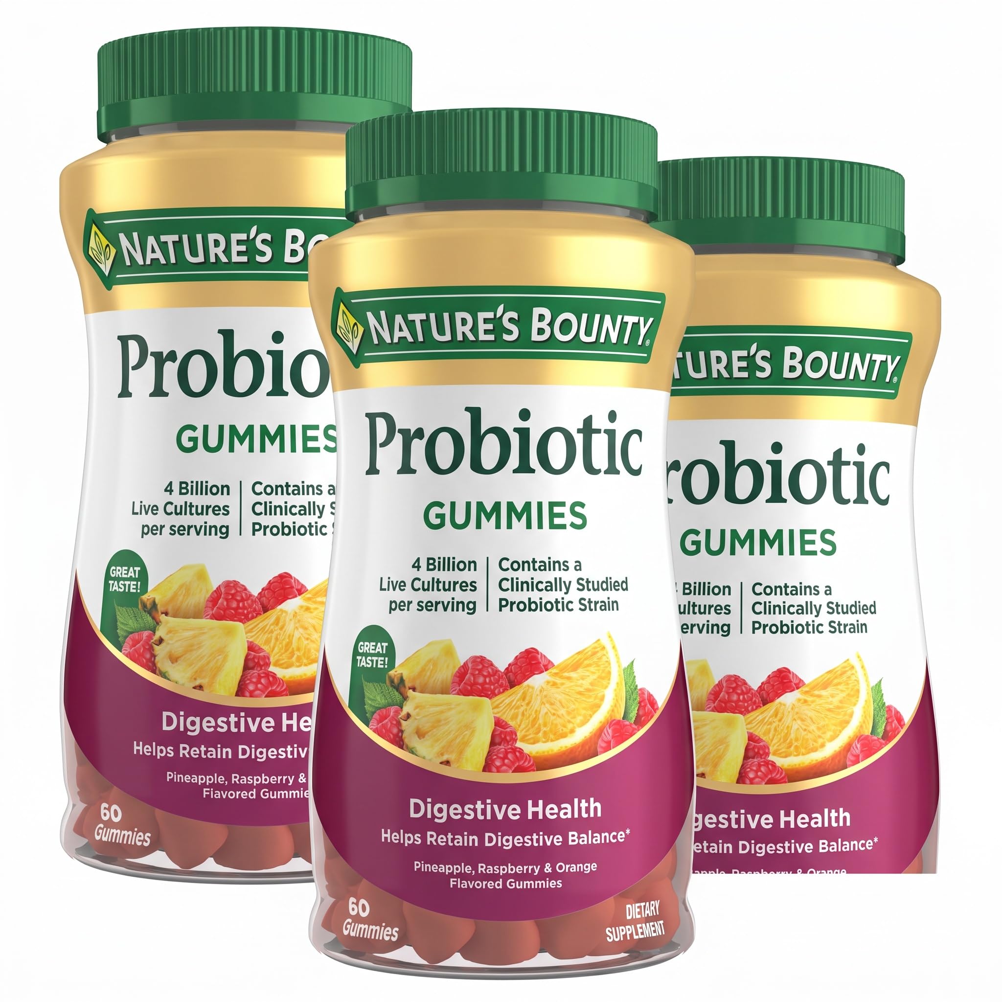 Nature's Bounty Probiotic Gummies, Immune Health &amp; Digestive Balance, Pineapple, Raspberry and Orange Flavor Gummies, 60 Ct (Pack of 3)