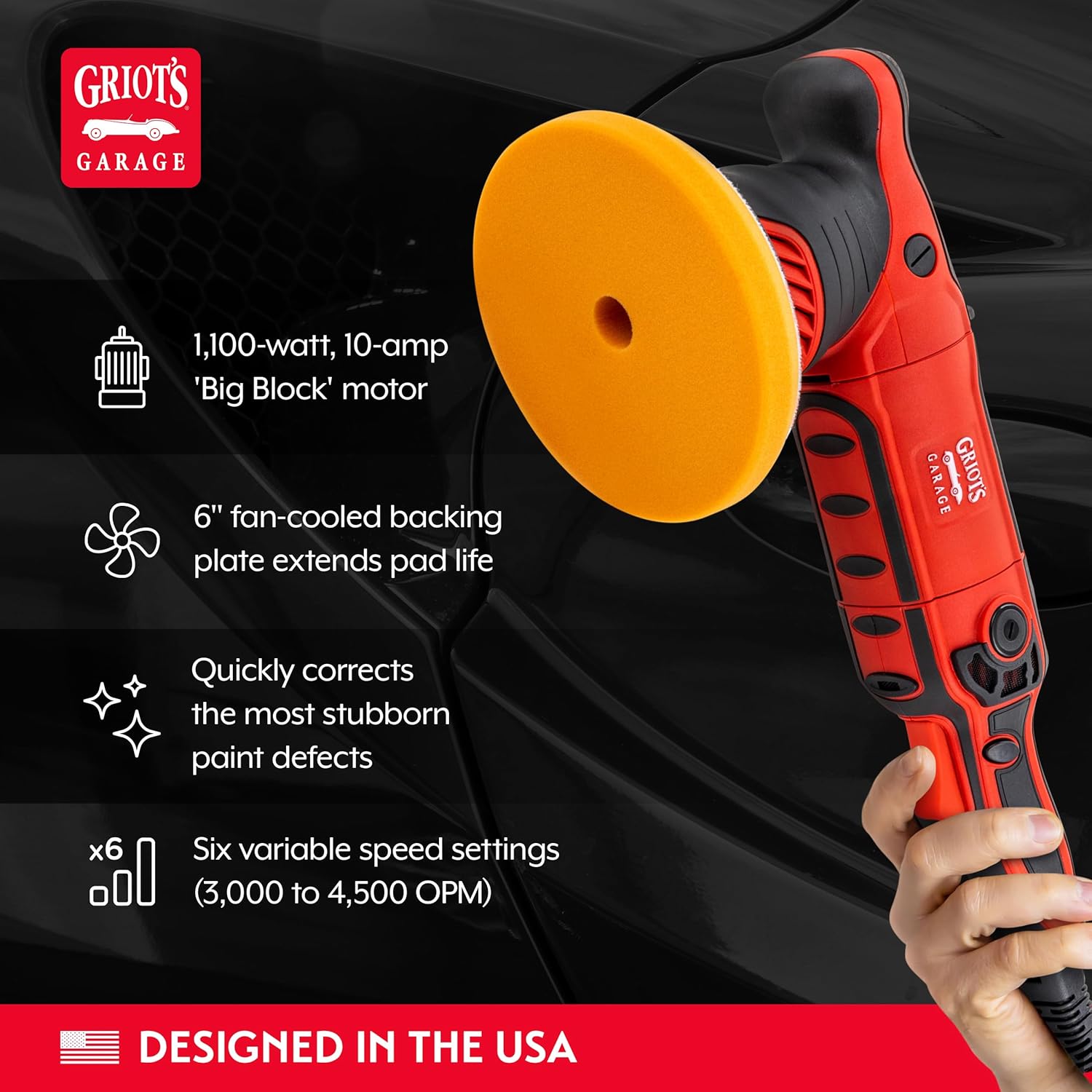 Griot's Garage 10921 G21 Long-Throw Orbital Polisher, 1100-Watt Buffer Machine for Car Detailing and Polishing, Swirl and Scratch Removal, 6 Inch Variable Speed, 21mm Orbit Size