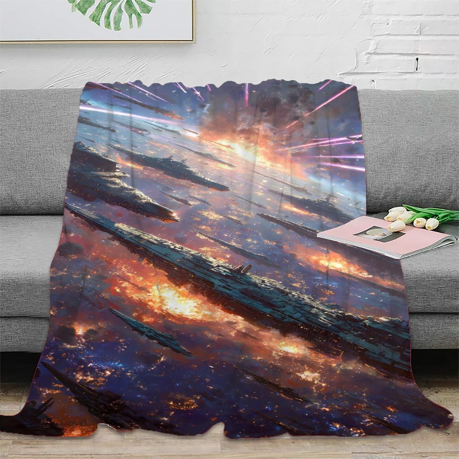 Digitaldruck Weltraum Planeten Galaxie Sci-Fi Thema Flanell Kuscheldecke, Kosmisches Kampfflugzeug Dicke Warme Decke Geschenkidee, 70x80inch(180x200cm)