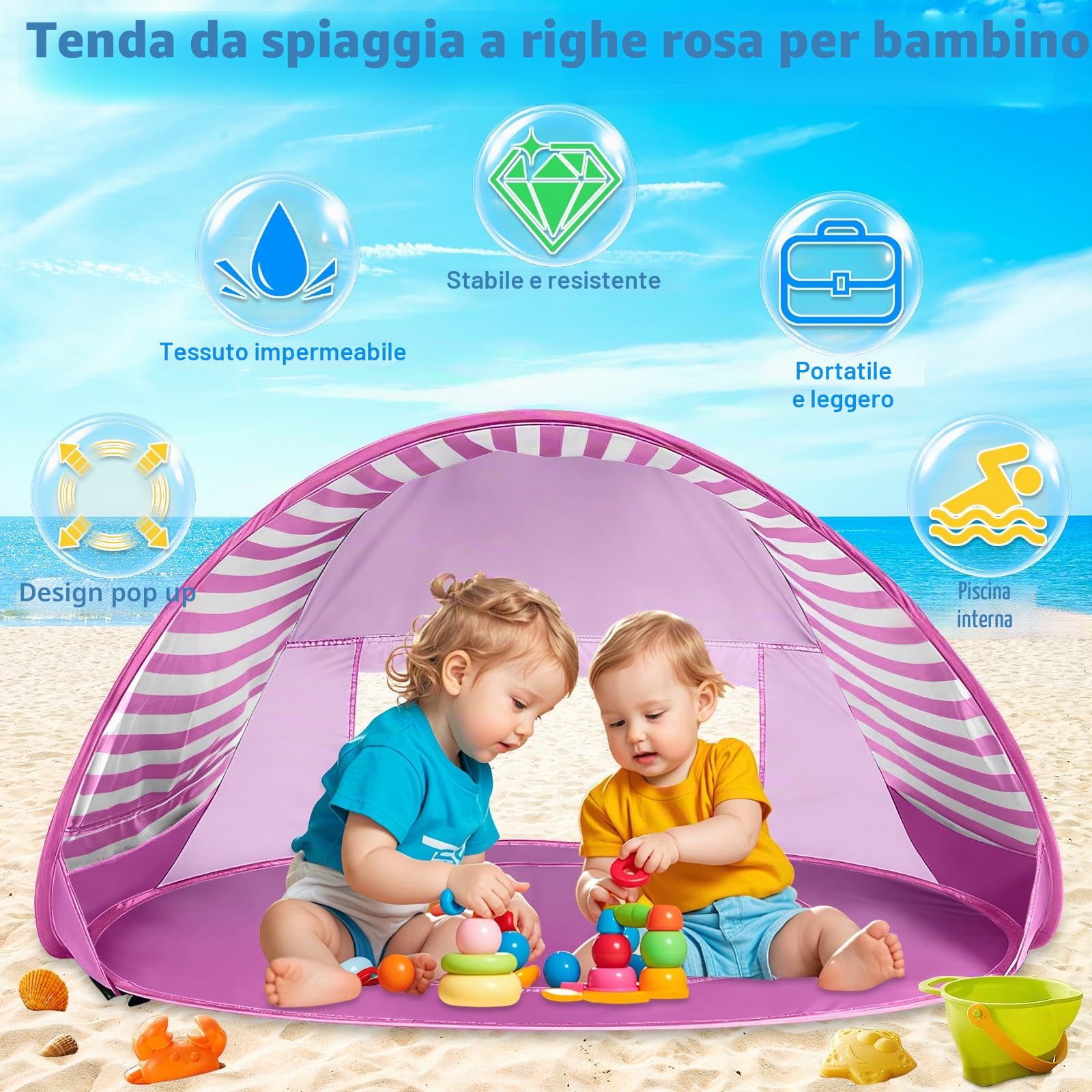 Tenda da Spiaggia Bambini, Tenda Istantanea Portatile, UPF 50+Tenda Spiaggia per 1-3 Persone, per Vacanza in Spiaggia Campeggio Viaggi - Rosa