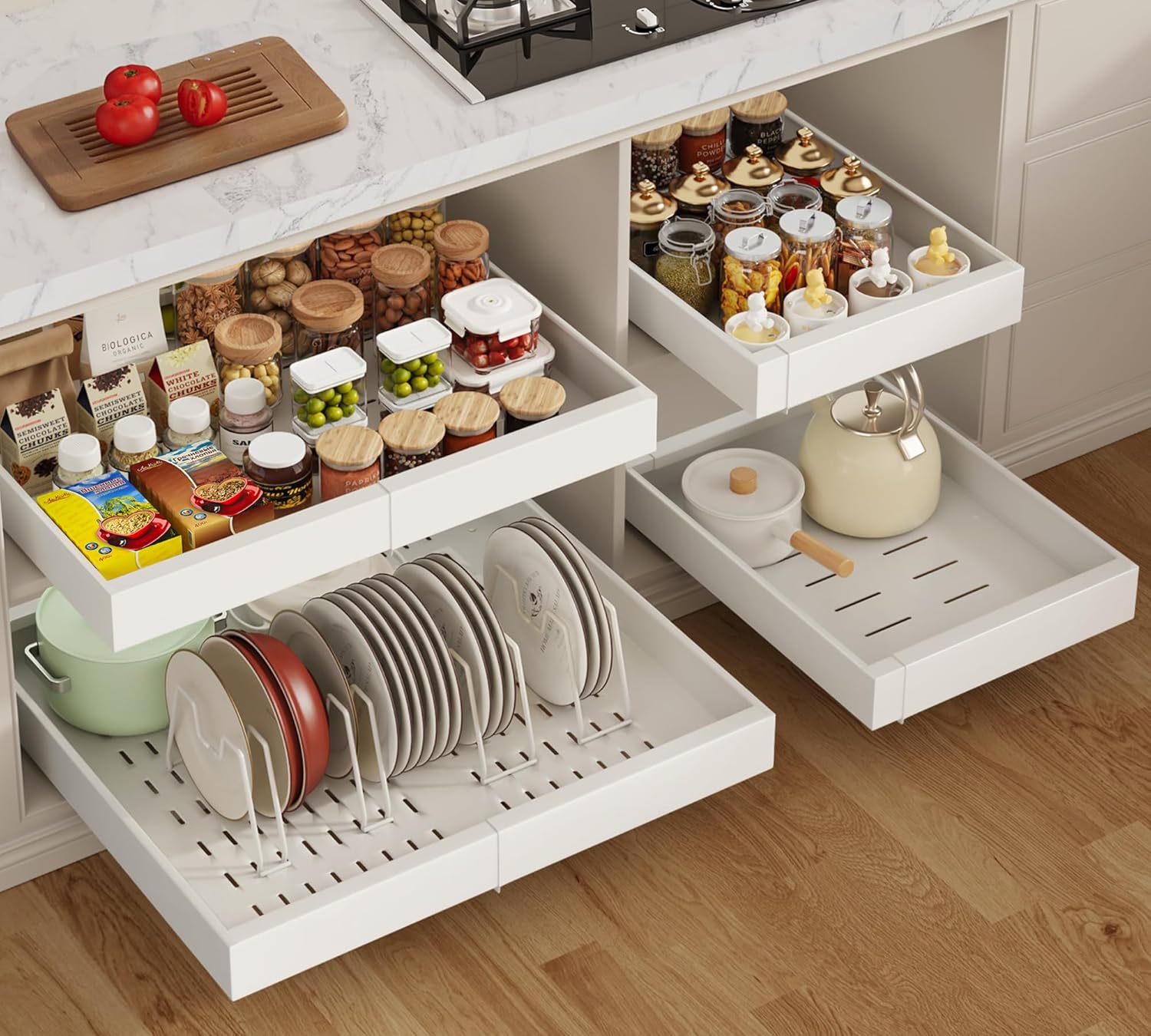 4Pack Expandable Pull Out Cabinet Organizer Adhesive, 21"Deep Slide Out Drawer for Kitchen Cabinets with 4pcs Divider Racks, Pull Out Shelves For Pantry Organization Adjustable Width 12.4"-20.47"White White 21"D x 12.4"-20.47"W(4Pack)