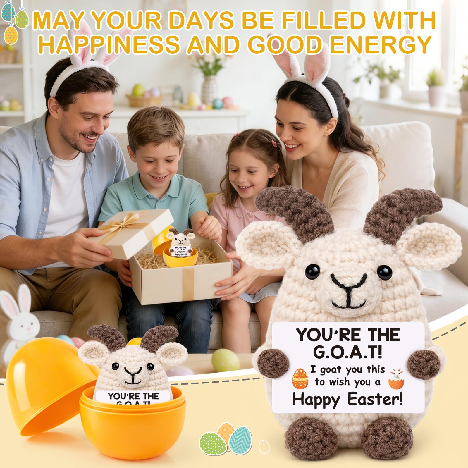 Funny Easter Basket Stuffers for Kids, Easter Gifts for Teens Women Men Her Him Easter Decor Egg Fillers Gifts for Daughter Son, Cute Stuff Positive Crochet Goat Support