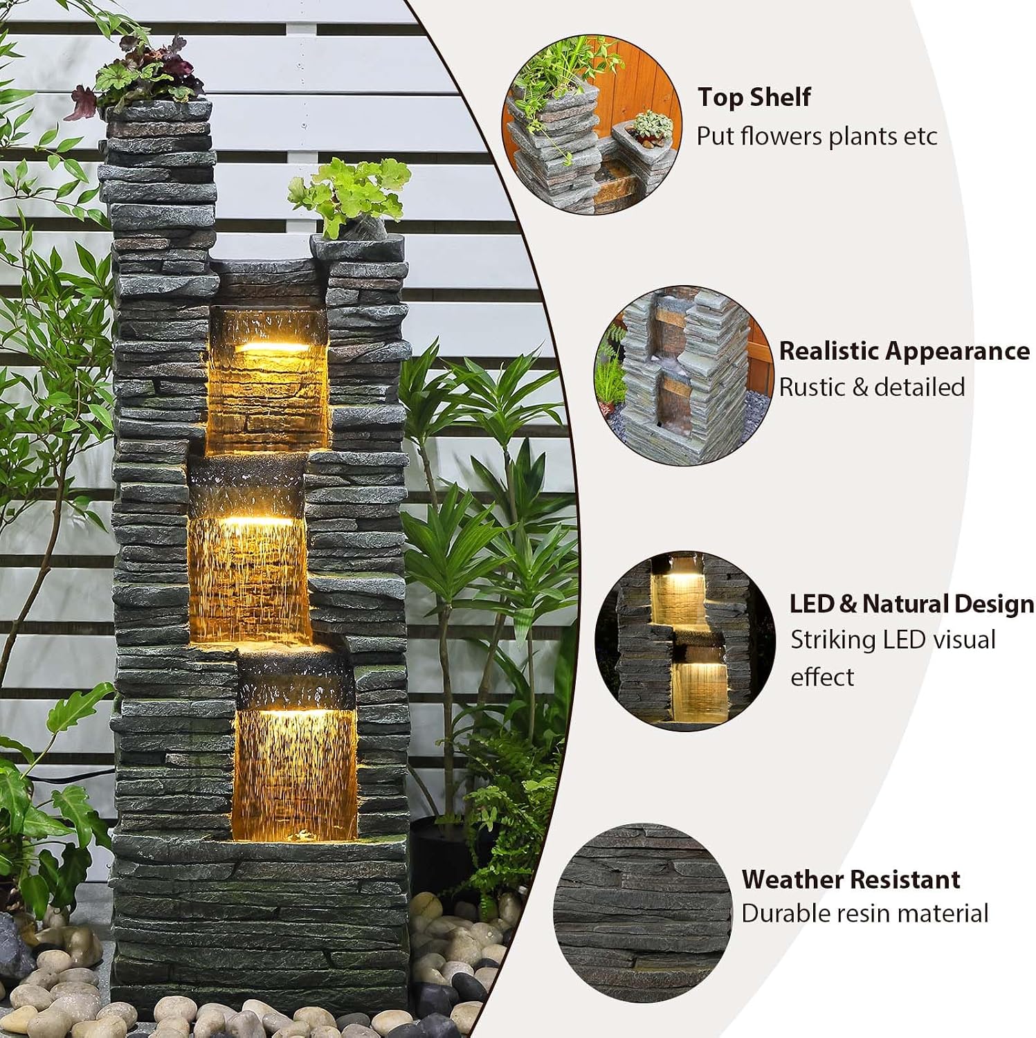 Bumilgar 47" H Garden Water Fountain Outdoor with LED Lights & Pump, 3-Tier Cascading Outdoor Fountain for Garden,Patio,Porch,Backyard,Home Art Decor (Gray)