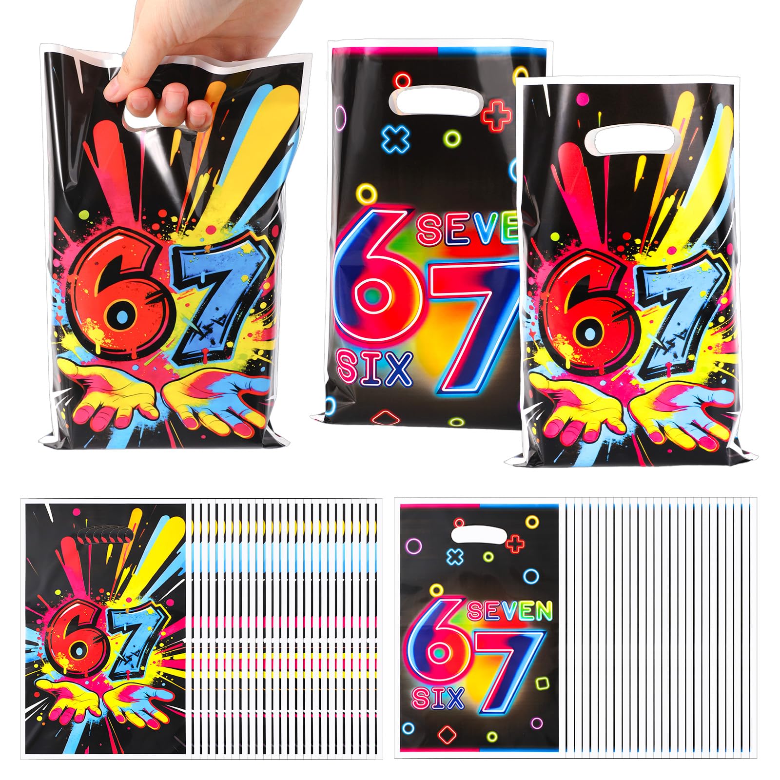 50pcs 67 Birthday Gift Bags, Colorful Graffiti 67 Meme Party Favor Bags with Handles Ice Cream Theme Six Seven Goodie Bag for 7th Birthday Party Candy Treats and Celebration Supplies