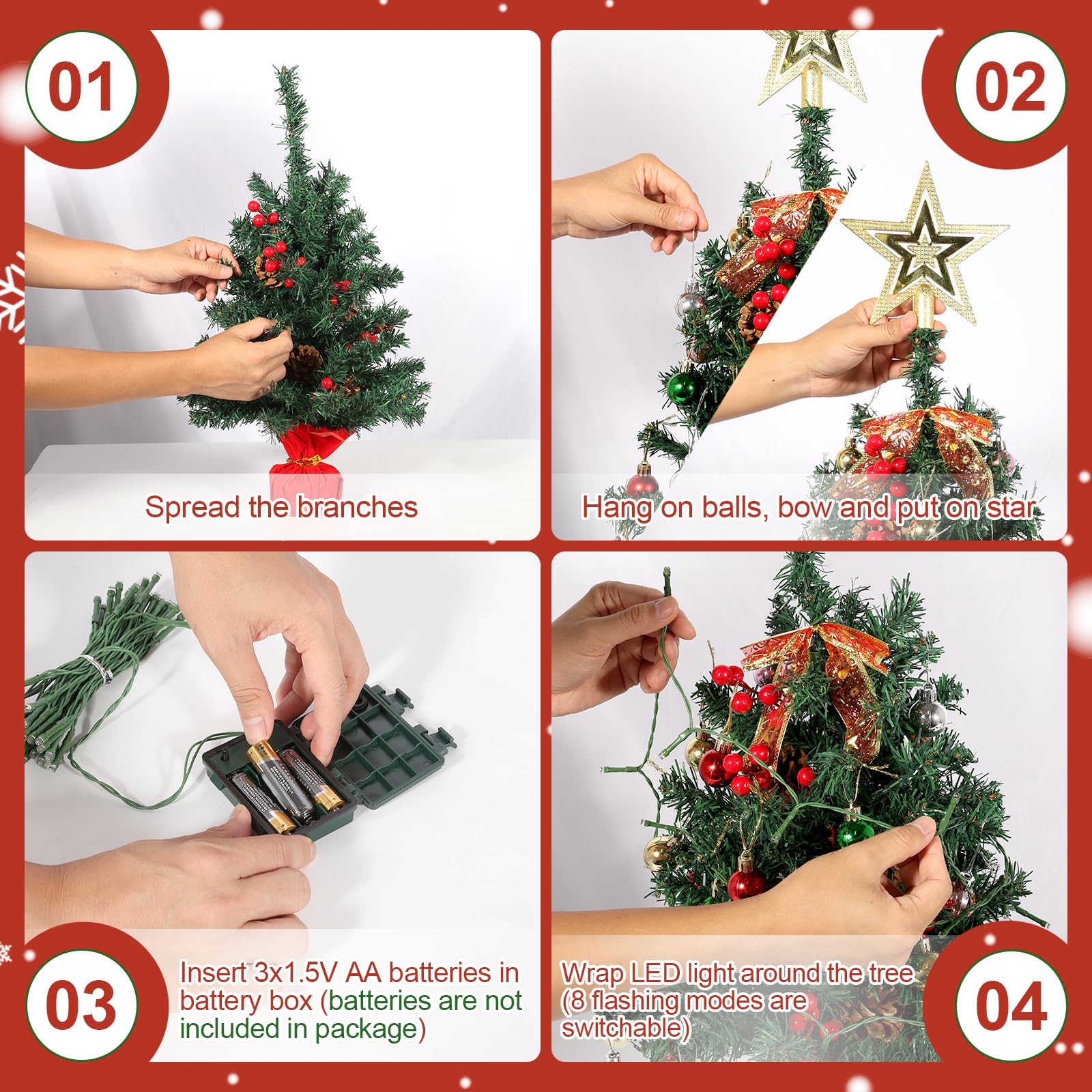 Uten 2ft/60cm Mini Christmas Tree, Tabletop Christmas Tree with 50 LED Light String, 6 Groups Red Berries & 6 Pinecones - Image 4