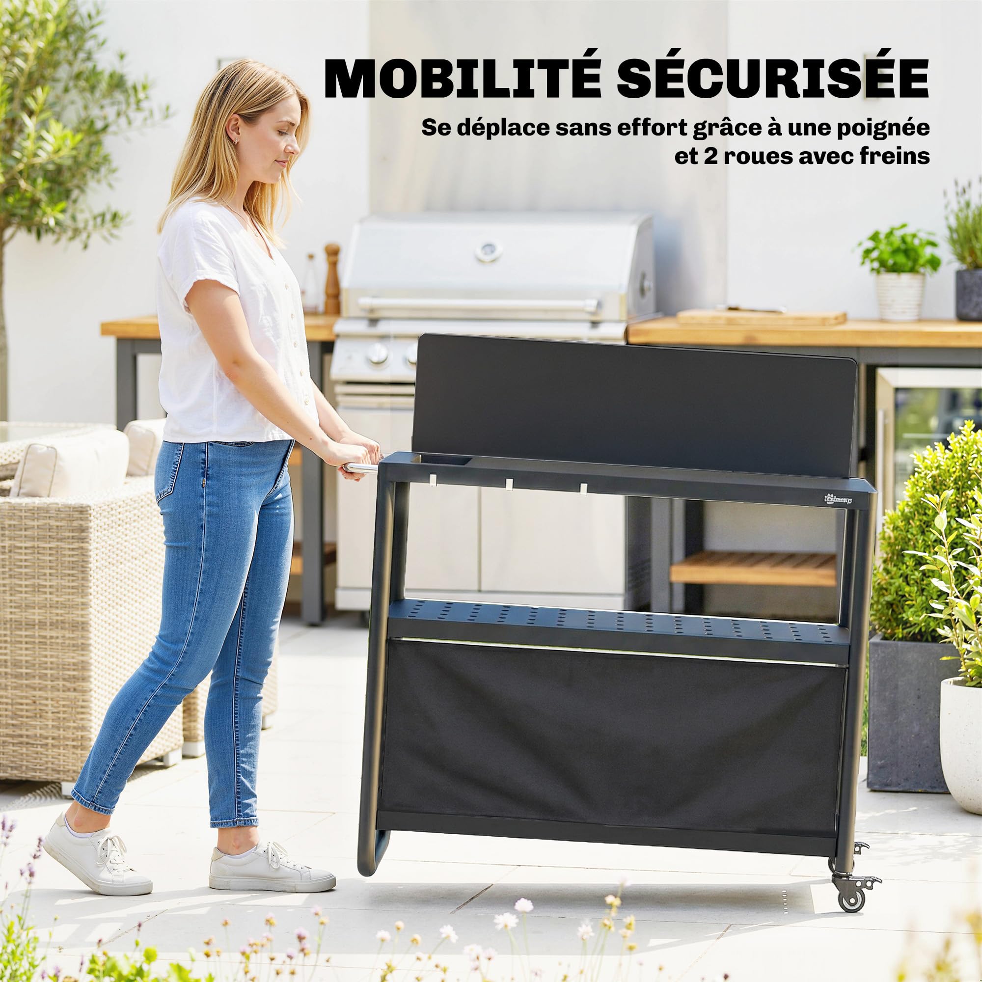 Outsunny Chariot de Barbecue en Acier 100x46x110cm avec Pare-vent - Desserte de Jardin 3 Niveaux Mobile avec Rideau Oxford - Station de Cuisson pour Plancha et Four à Pizza avec Rangement, Noir