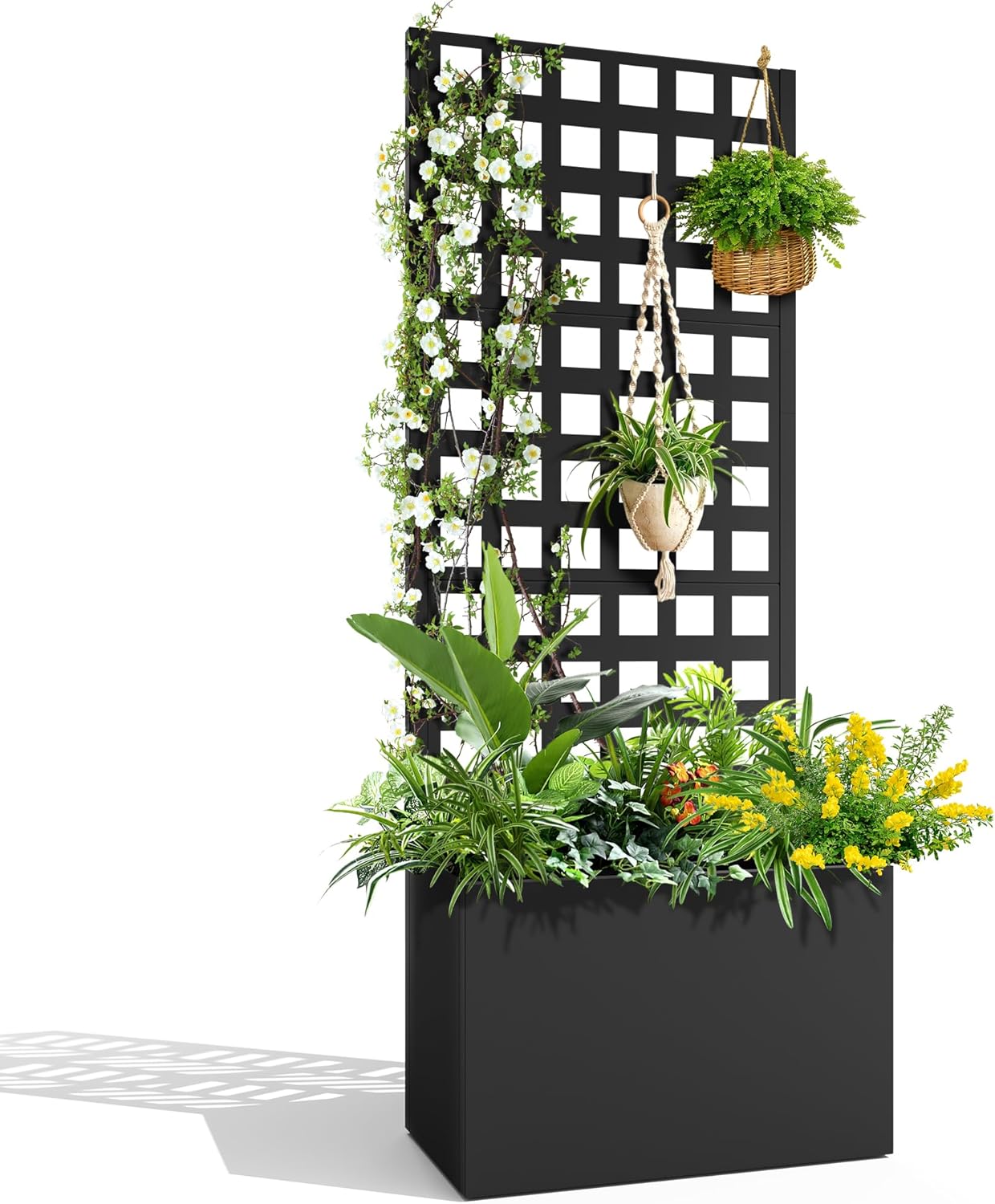 Metal Planter Box with Trellis, Outdoor Raised Garden Bed with Privacy Screen for Climbing Plants, Drainage Holes, Patio or Balcony (63" H x 23.6" W)