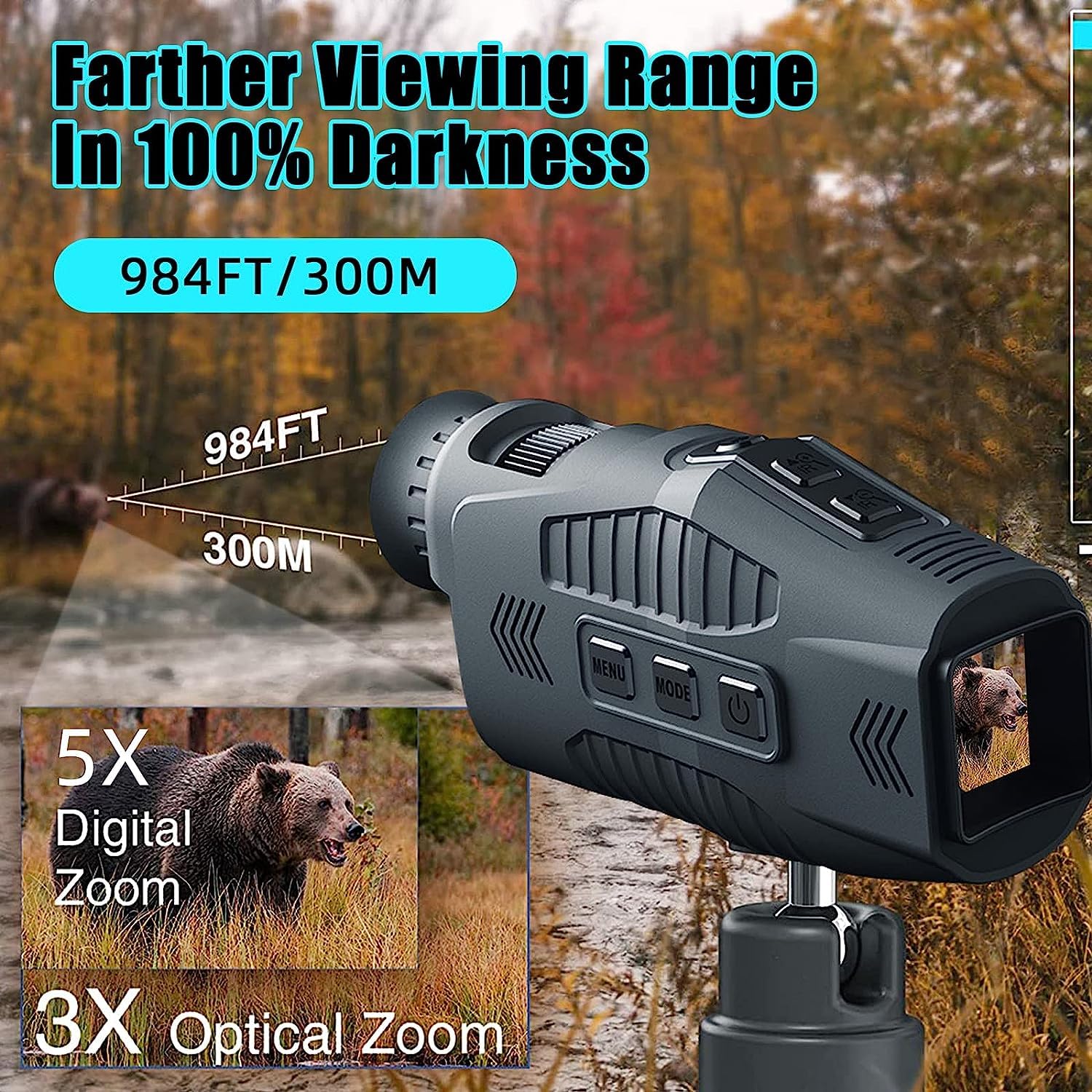 KinZon Lunettes de Vision Nocturne, monoculaire numérique Infrarouge 1080p, Carte SD 64G Incluse, Zoom numérique 5X, Distance de Vision 300 m, Photos et vidéos