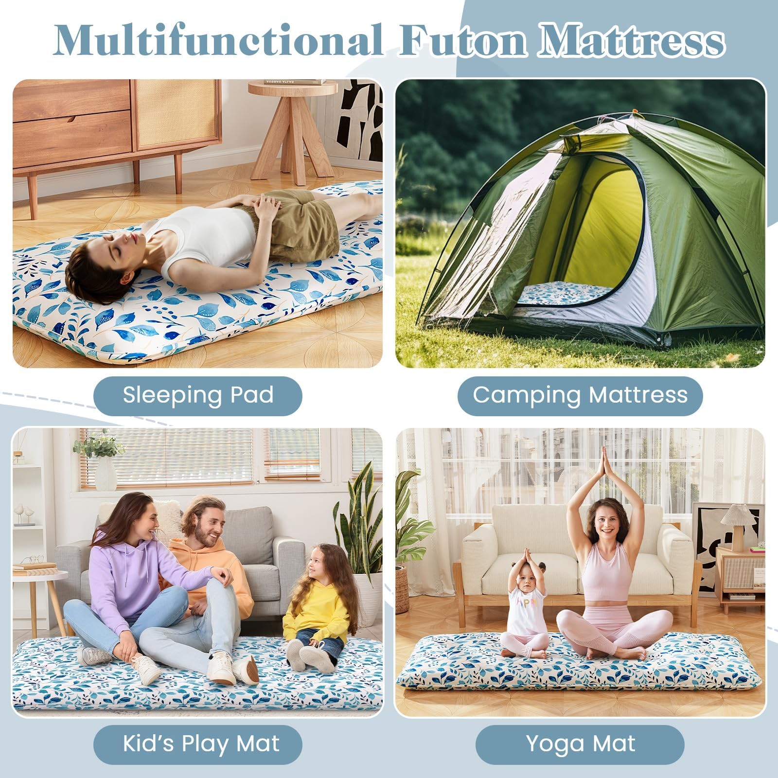 FANTASK Materasso da pavimento lavabile Tatami giapponese, materasso Futon, 90 x 200 cm, foglia blu
