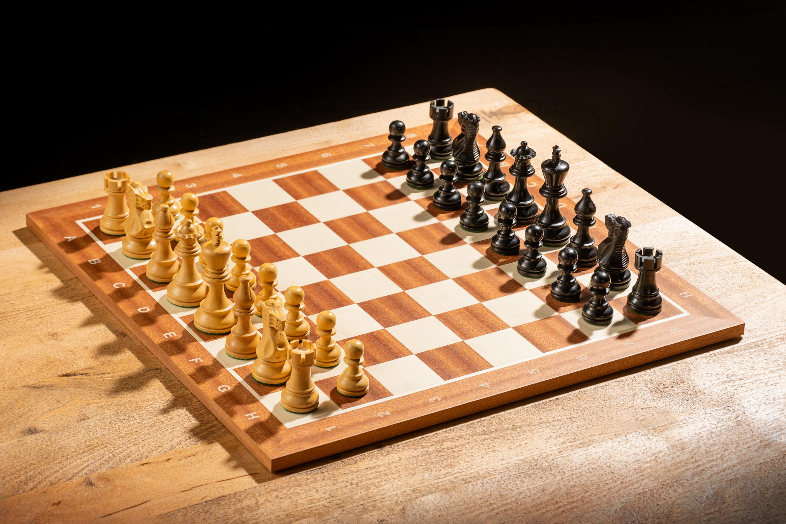 Sunrise Chess Schachbrett Nr. 5 Mit Beschreibung Mahagoni/Bergahorn Intarsien Turnier-Vorstand Elegantes Design Geschenkidee Ideal für mittlere Figuren Feldmaße: 50 mm