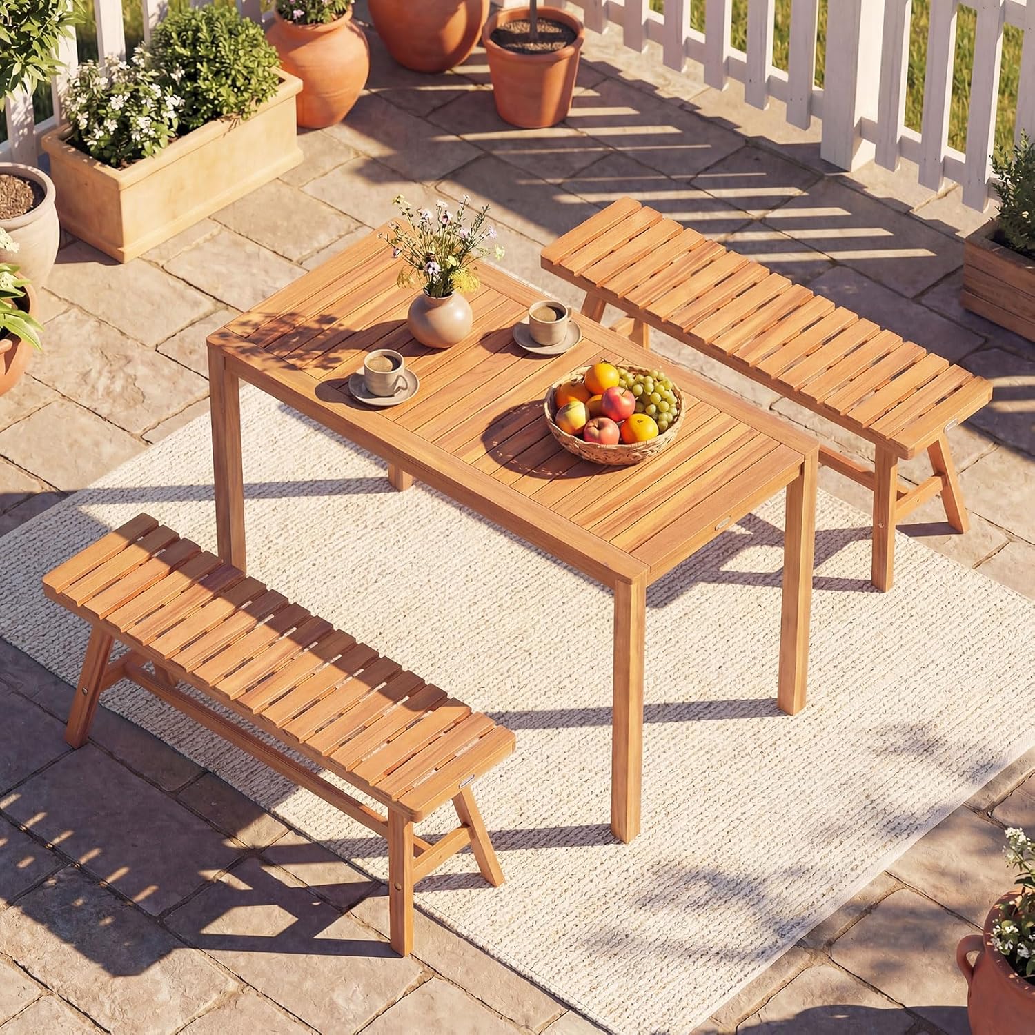 Tangkula 3 Pieces Acacia Wood Patio Dining Set, Outdoor Rectangular Table and Benches with Slatted Seats, Space-Saving Outside Furniture Set for Deck, Lawn, Garden and Backyard