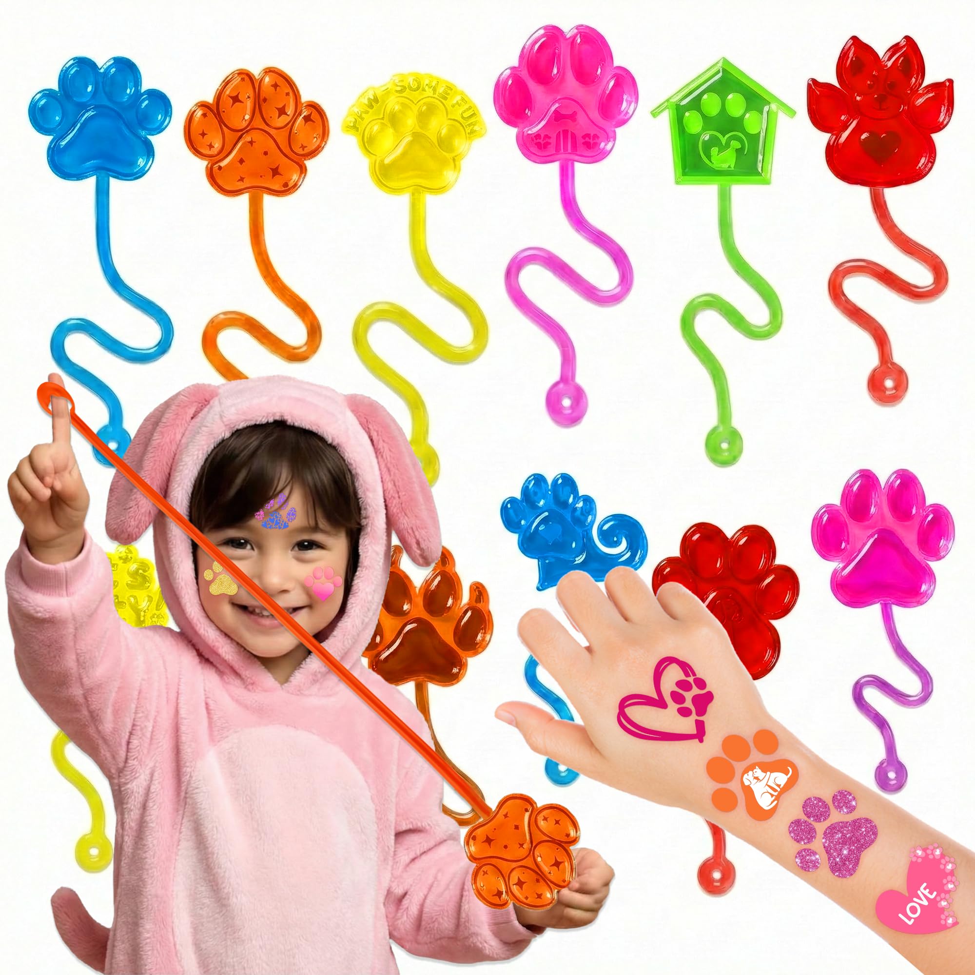 48PCS Paw Party Favors for Kids - 24 Temporary Tattoos & 24 Stick Hands