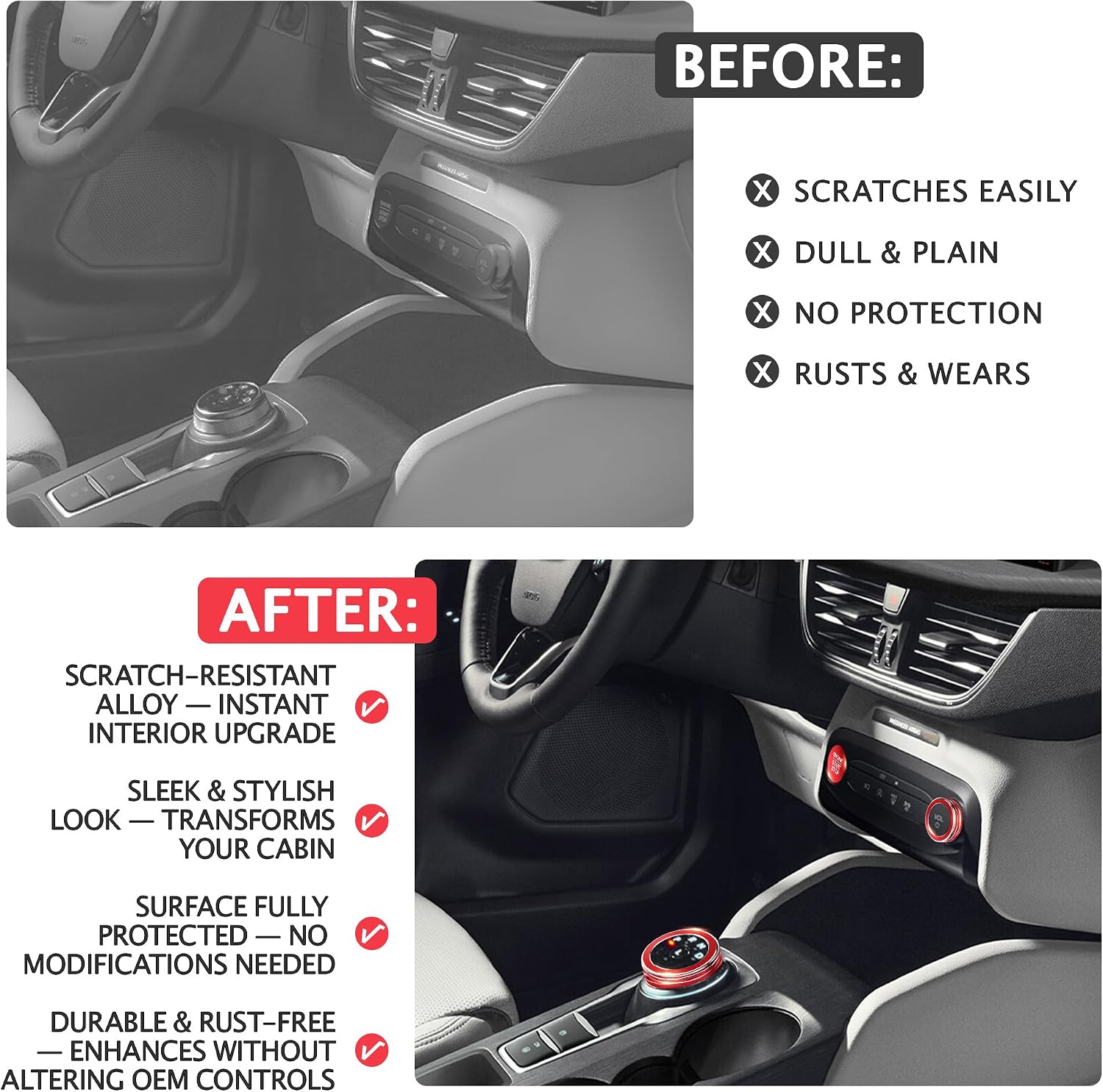 for 2023-2026 Ford Escape Accessories, 4PCS Aluminum Alloy Knob Covers Trim Set (Red)- Push Start Button, Volume, Headlight & Gear Shift