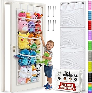 Honeyera The Original Stuffed Animal Storage (Patented) - Over Door Organizer for Stuffies, Toy Plush, Hammock Baby Hanging Storage Net for Big Girls, Toddler, Large Bag Animals, White