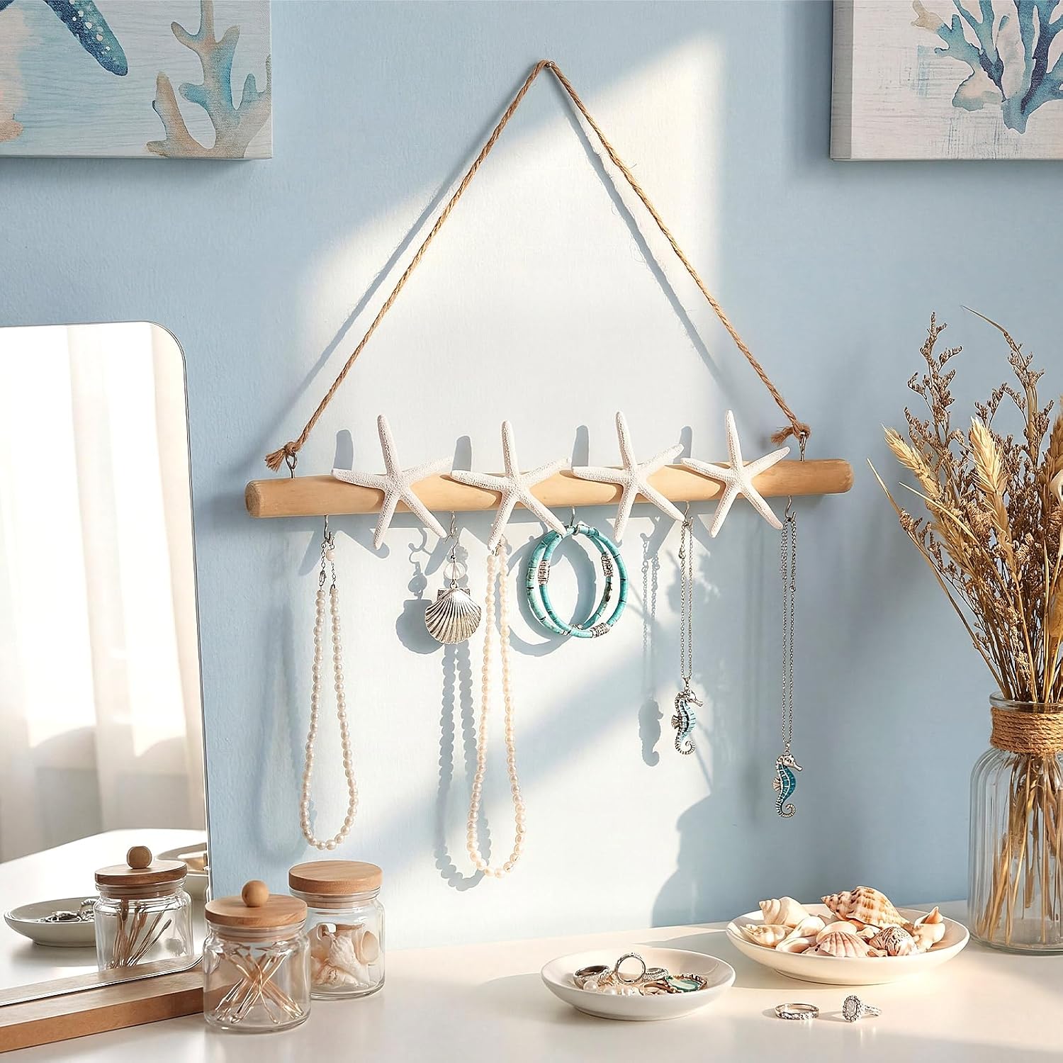 Leinuosen Driftwood Starfish Wall Hanging Jewelry Hanger 15 Inch Nautical Coastal Wall Hooks Bikini Pool Towel Rack Key Holder with 5 Hooks Rustic Wood Branch Starfish Beach Ocean Boho Party Decor