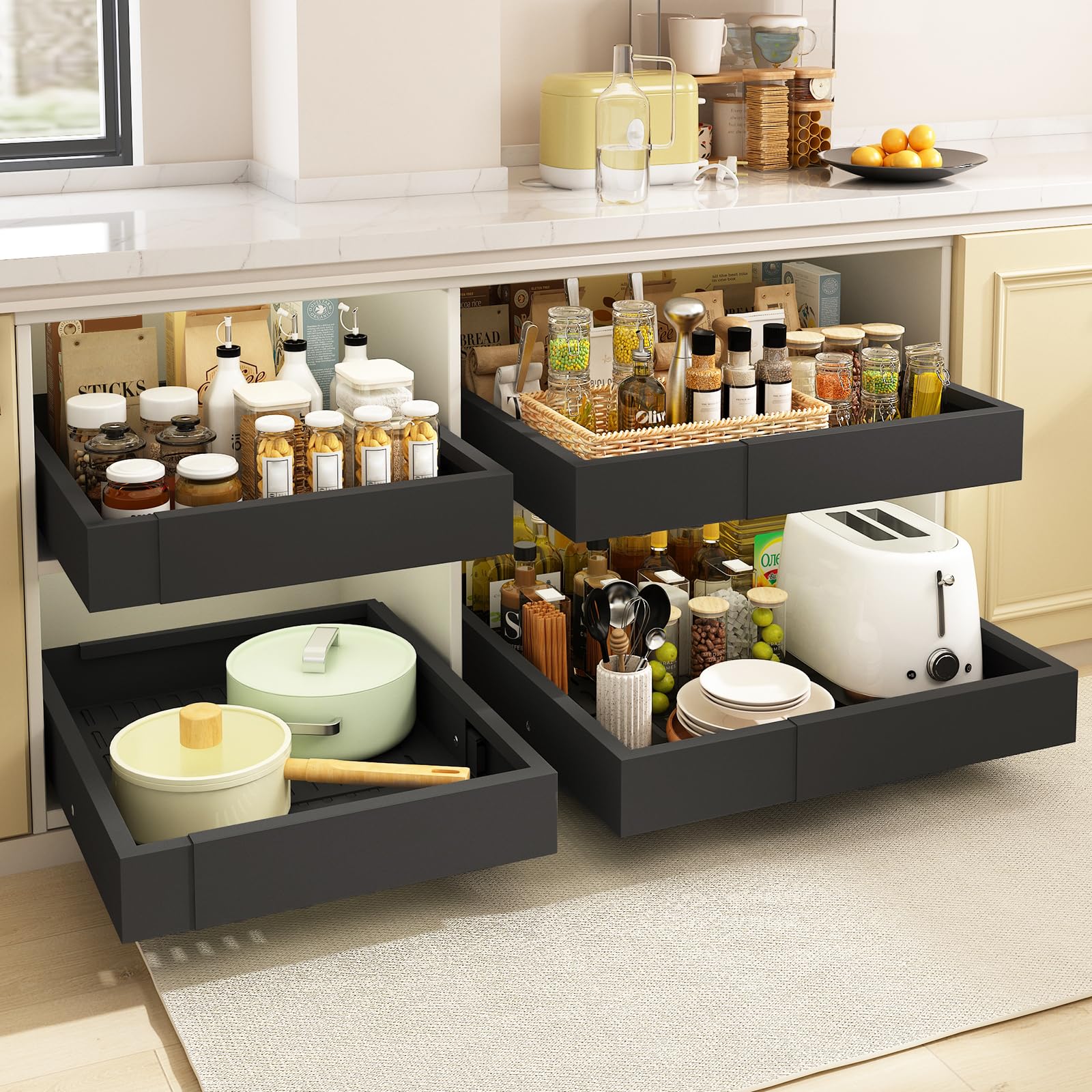 Lot de 2 Tiroirs Coulissants Cuisine-4 directions extensibles, Largeur 32–53 cm & Profondeur 41,5–61 cm, Tiroir Télescopique Métallique, Organisateur d'Armoire, Montage Adhésif/Vis, Noir