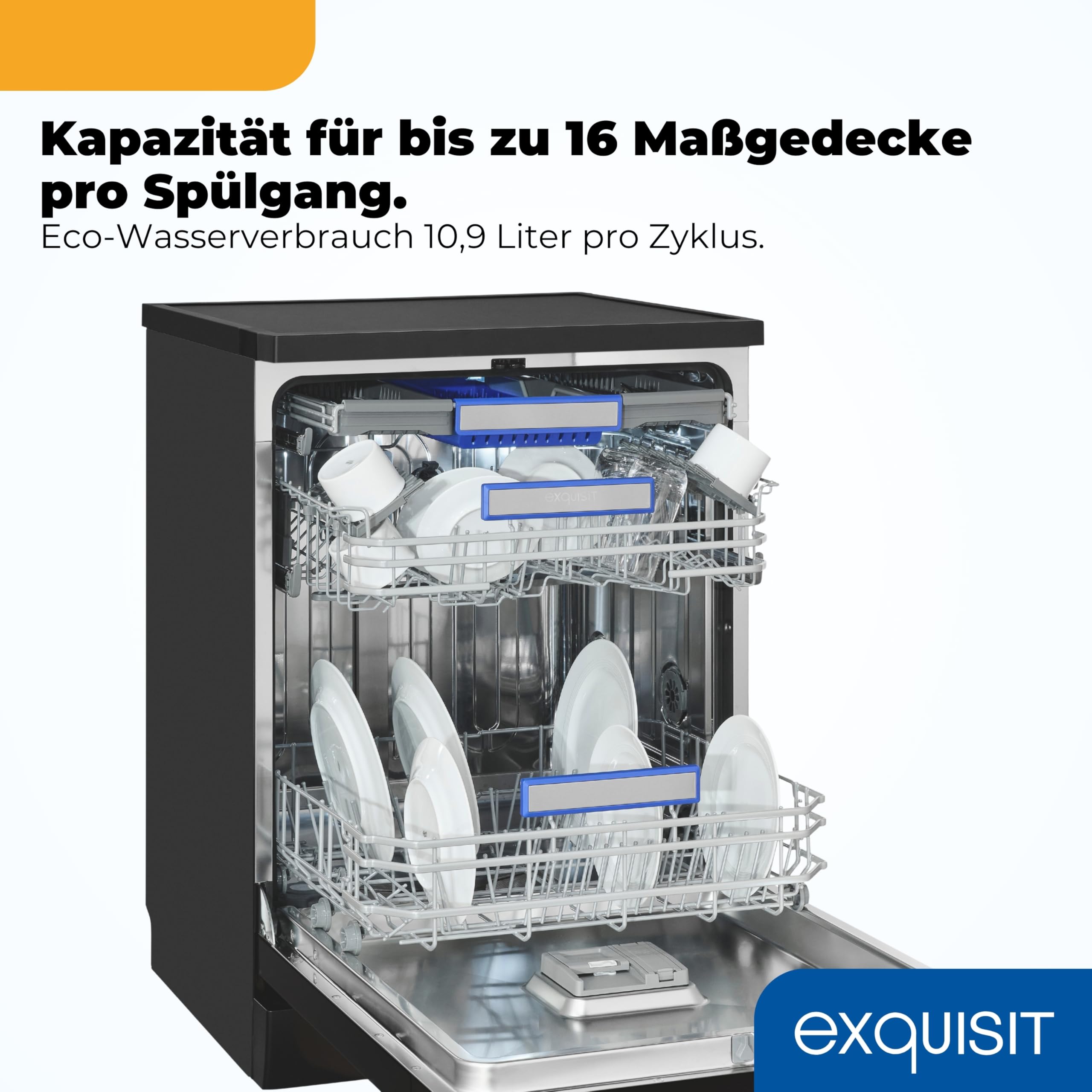 Exquisit Geschirrspüler | 60cm Breite, 16 Gedecke, Energieklasse B, 45 dB | 8 Programme, Auto-Programm, Selbstreinigung, Extra-Trocknung, Hygiene, Startzeitverzögerung Aquastop | GSP9616-450B schwarz