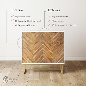Nathan James Enloe Modern Storage Free Standing Accent Cabinet TV Stand with Doors in a Rustic Pine Wood Finish and Gold Metal Base for Hallway, Entryway or Living Room, Brown/White/Gold, Set of 3