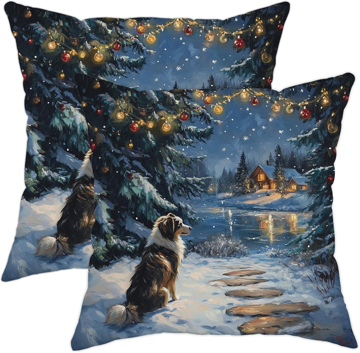 Christmas Rough Collie Dog Throw Pillow Covers 16x16 Set of 2, Soft Xmas Snowy Scene Pillow Cases Kit with Zipper, Pet Velvet Home Decor for Couch Sofa Living Room Bed