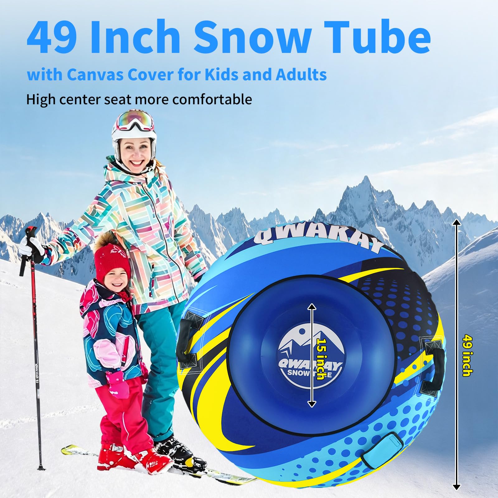 Tuyau à neige pour luge - Robuste - Pour enfants et adultes - 124 cm - Grande luge gonflable - Tubes à neige avec housse en toile - Fond épais - Tube intérieur