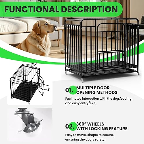 Miniatura 3 de Heavy Duty Dog Crate 52 Feet - Double Door, Movable Tray, Dog Crates for Large Dogs with 4 Casters for Movement, Black