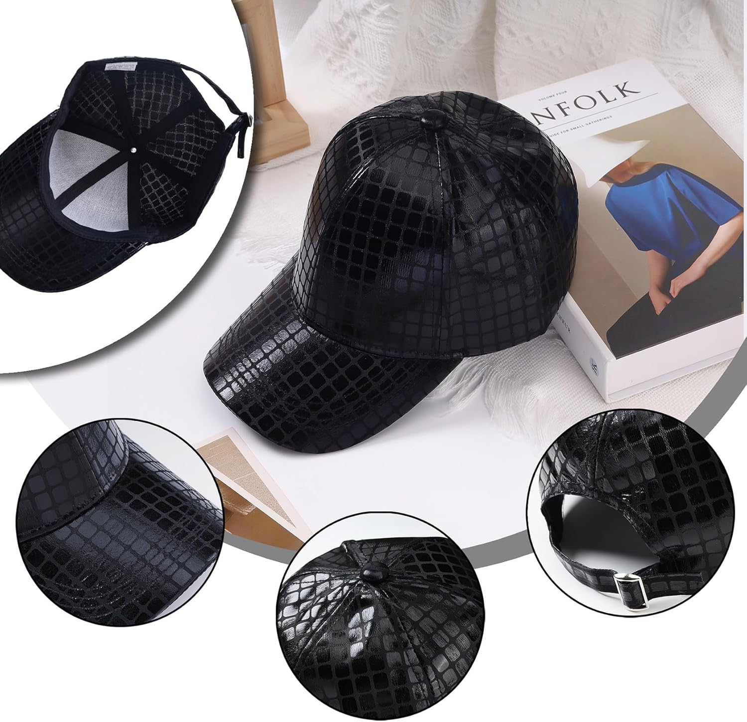 MILAKOO Punk Leather Baseball Cap for Men & Women Vintage Plaid Textured Design Sun Hat for Outdoor Daily Wear - Image 6