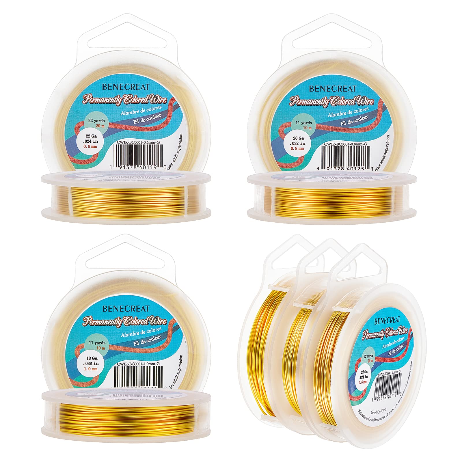 BENECREAT 3 Rotoli 0.6mm/0.8mm/1mm Filo di Rame Dorato Filo Metallico Filo per Gioielli Calibro 22/20/18